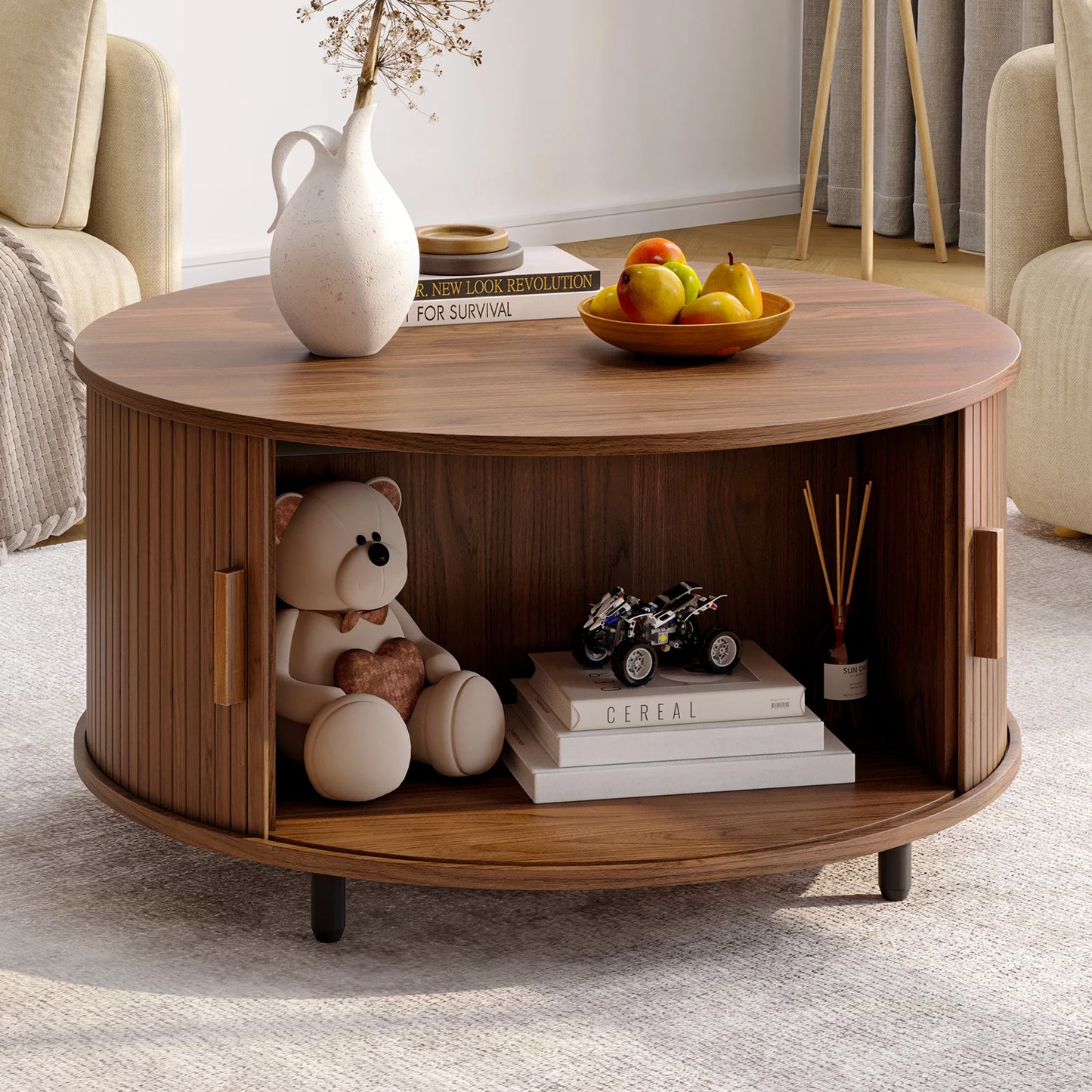 Round Coffee Table With Storage Modern Wood Metal Curved Door