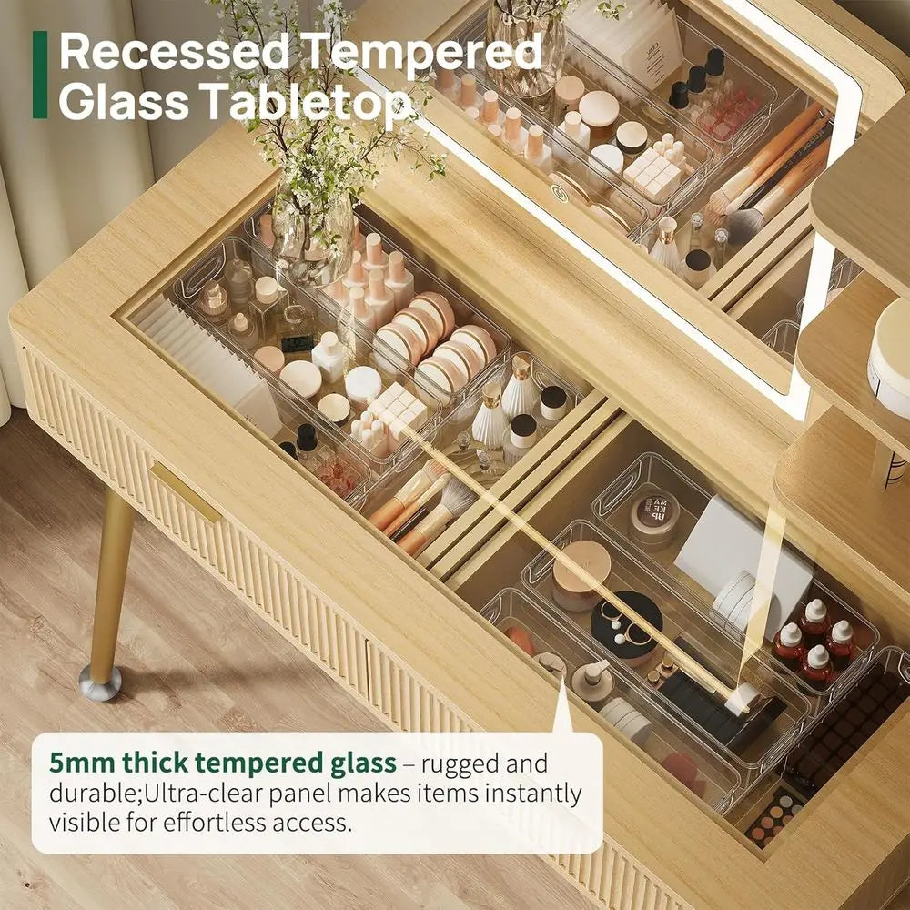 CHENGWEI Modern 65 LED Makeup Vanity Desk With Glass Top