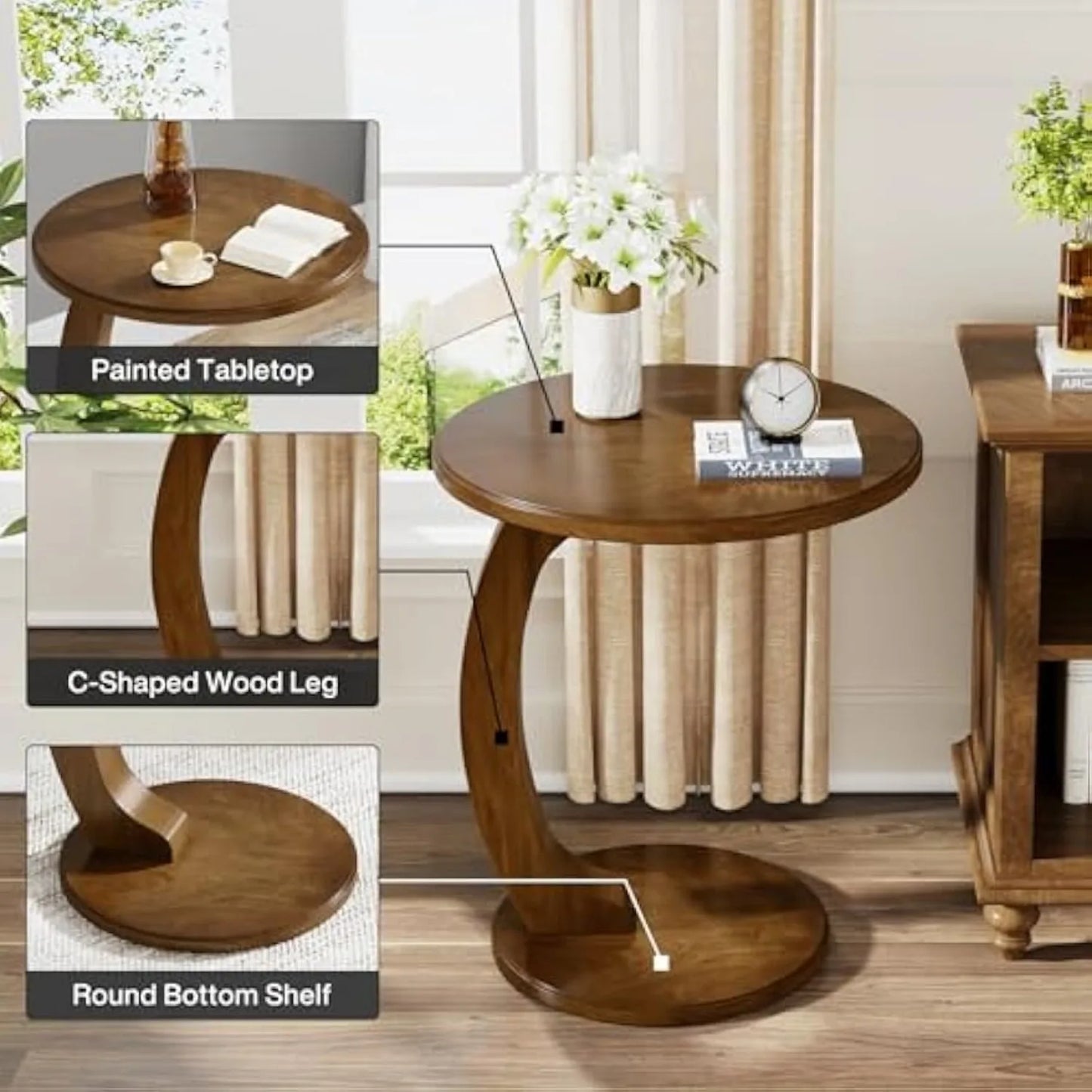 LITTLE TREE Round Wood C Shaped End Table Living Room