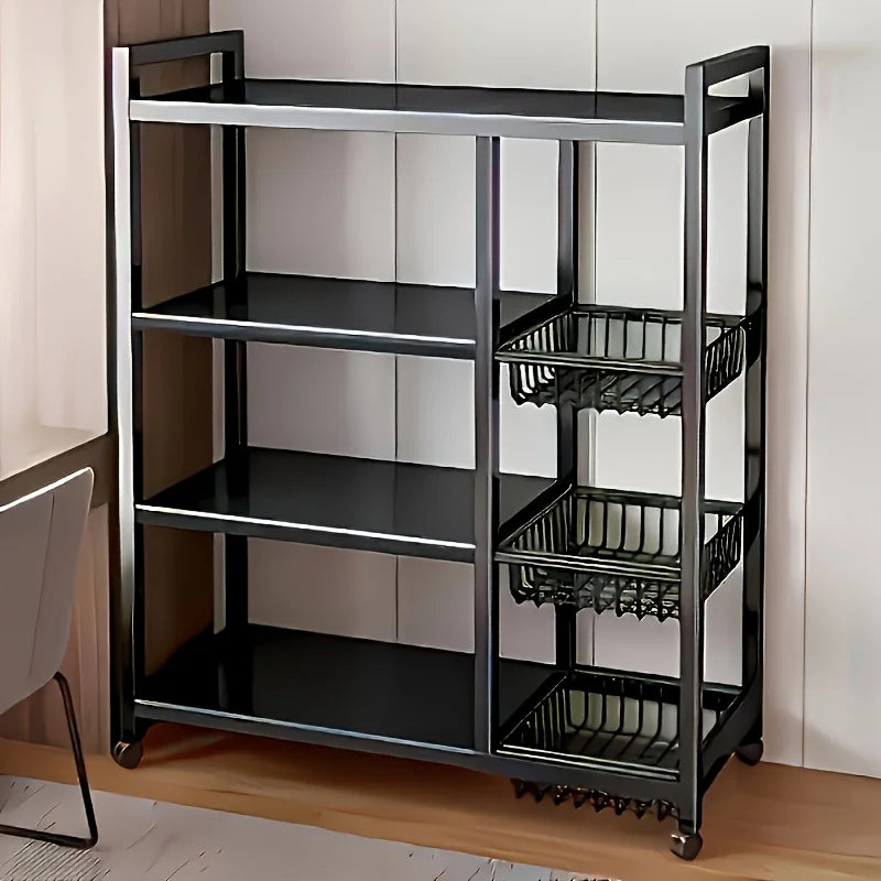 Four-Tier Freestanding Shelf With Three Baskets Carbon Steel For Kitchen