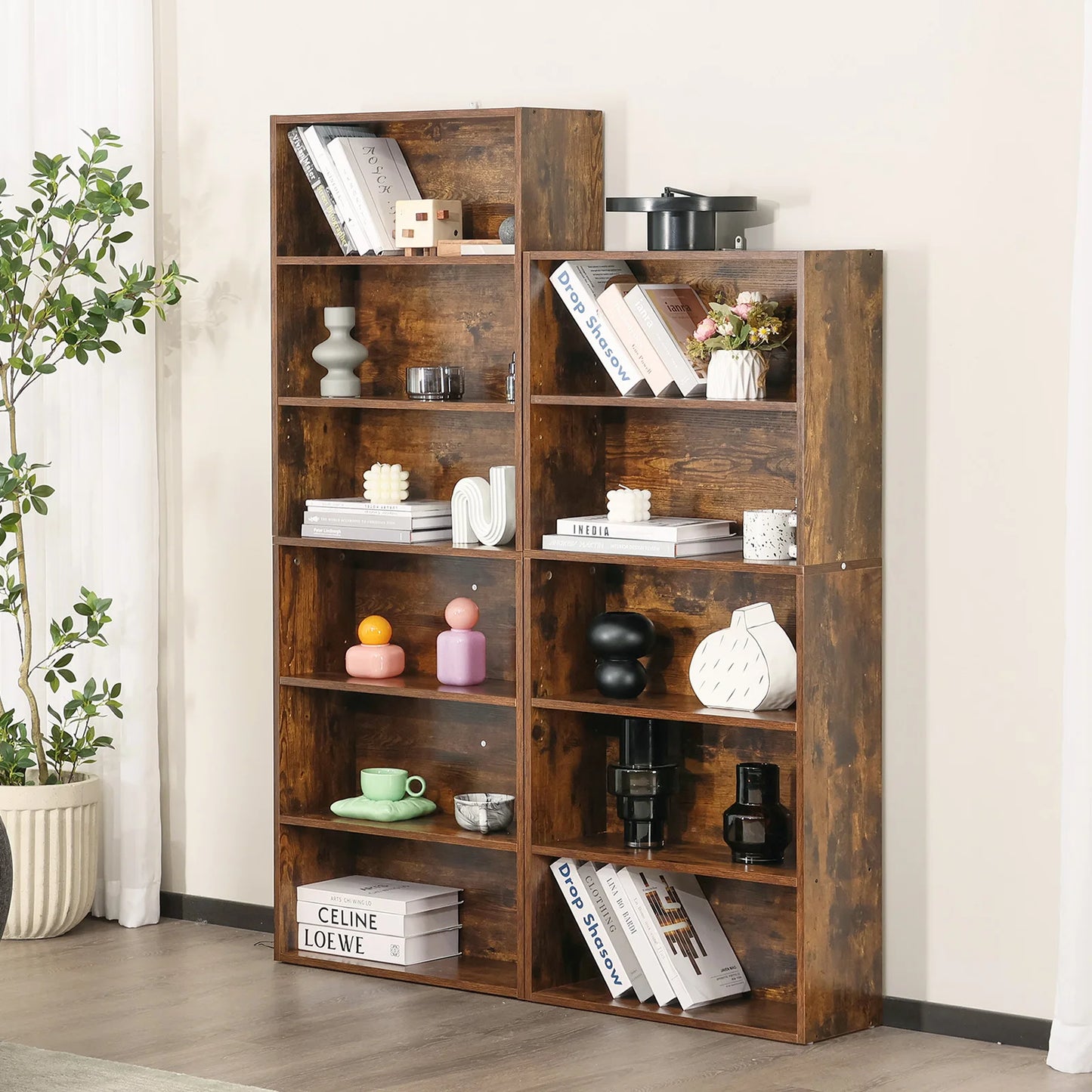 JHK 6 Tier Wooden Shelf Bookcase Floor Standing Open Bookshelf