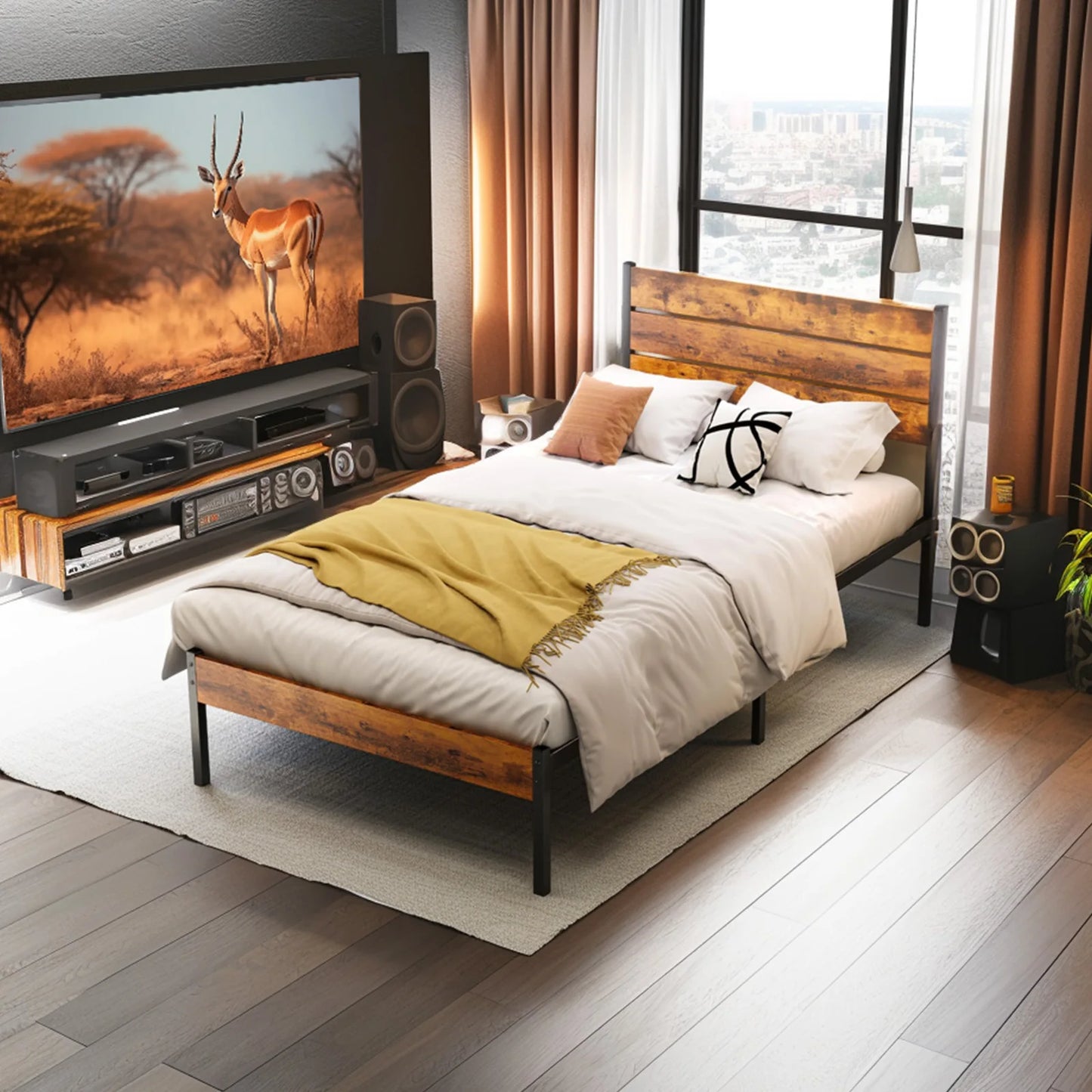 JHK Metal Platform Bed Frame With Headboard And Footboard