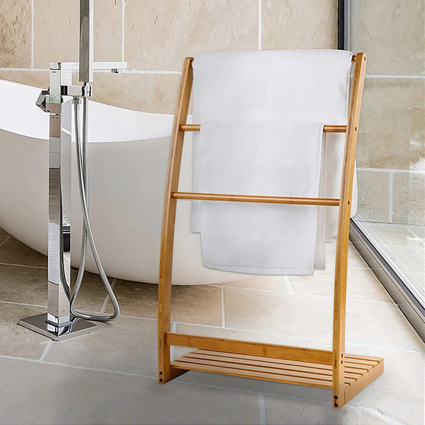 3 Tier Freestanding Bamboo Towel Drying Rack Moisture Resistant Bathroom