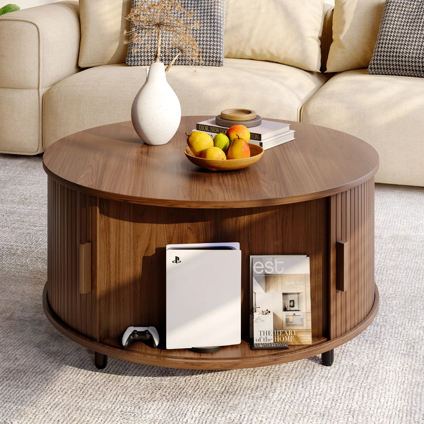 Round Coffee Table With Storage Modern Wood Metal Curved Door