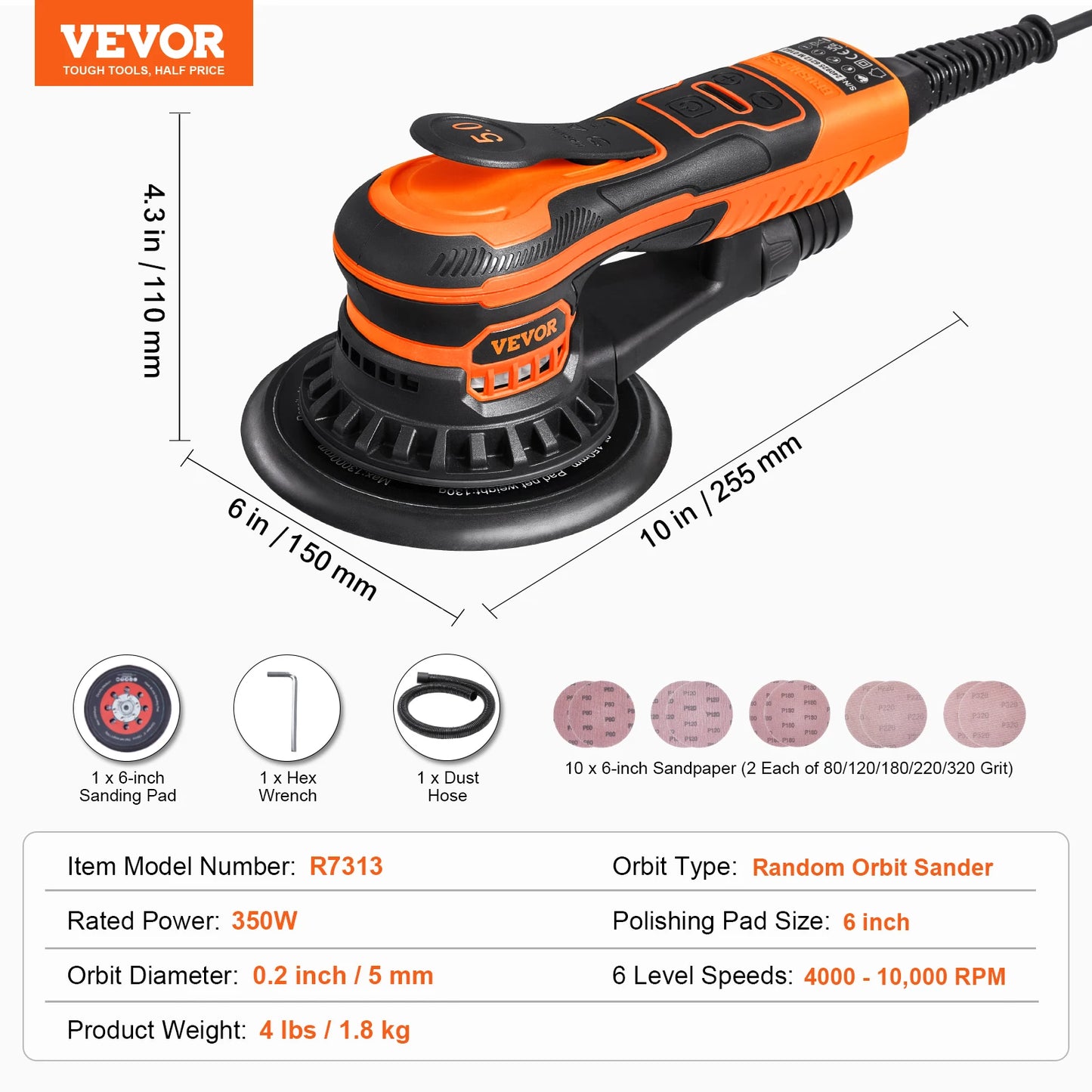 SucceBuy Random Orbital Sander Brushless 350W Variable Speed