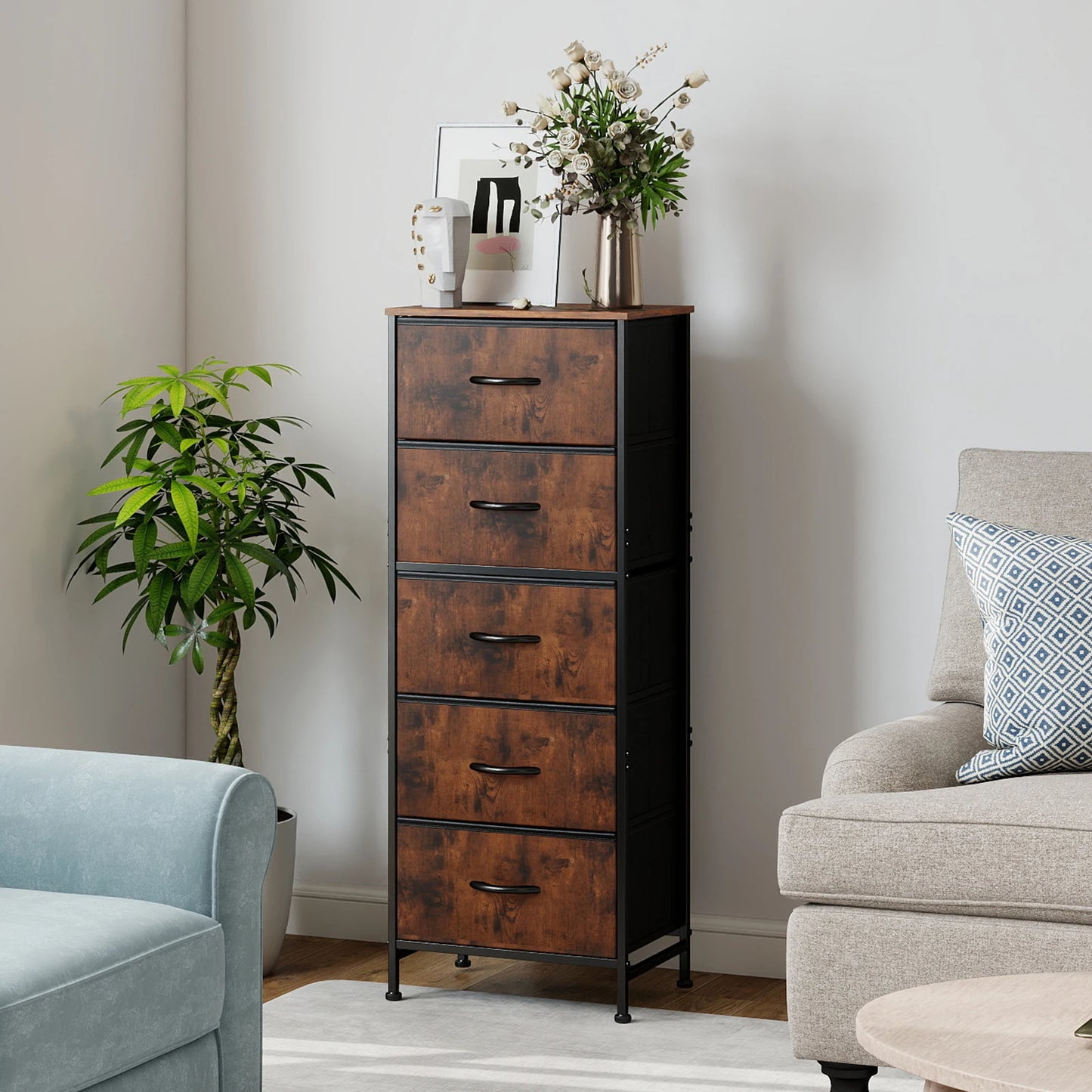JHK Dresser With 5 Fabric Drawers
