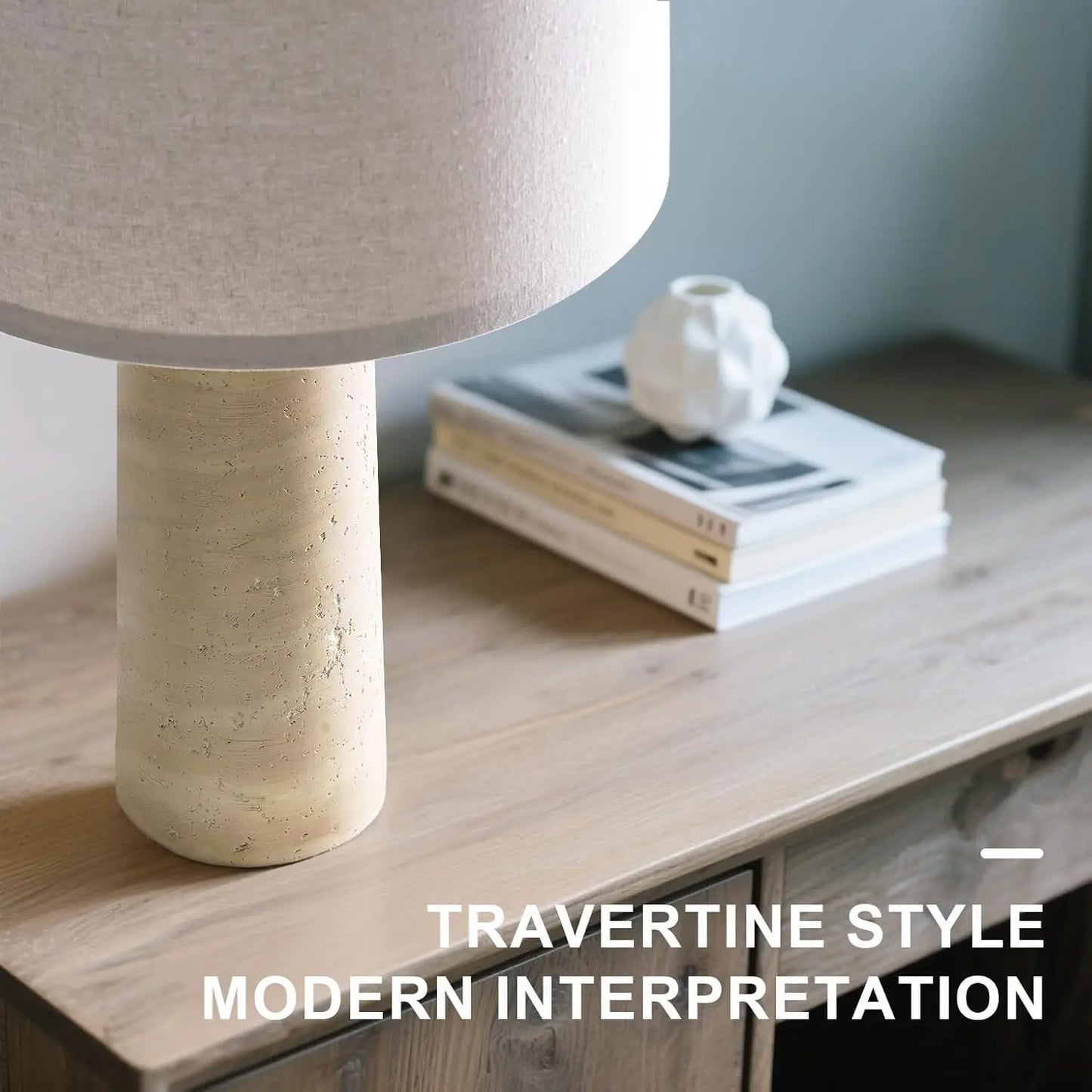 Modern Travertine Inspired Table Lamp Set With Linen Shade