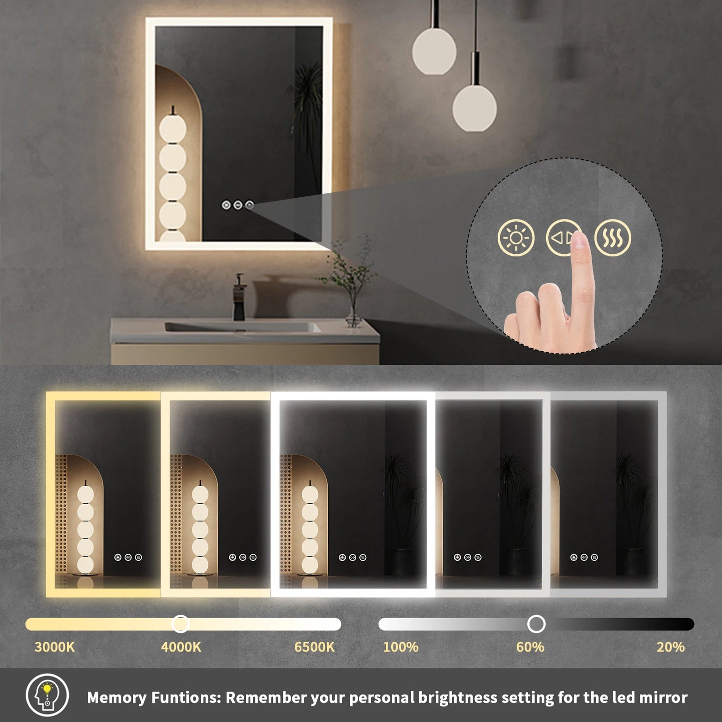 Wisfor LED Lighted Bathroom Mirror With Anti Fog And Memory Function