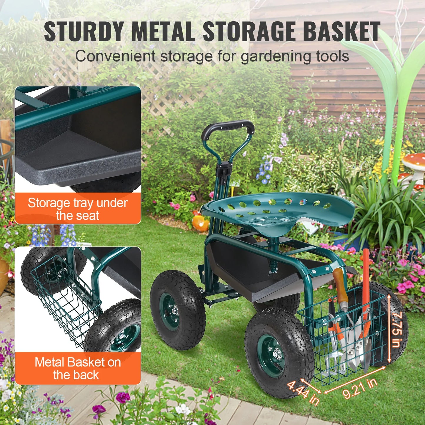 SucceBuy Garden Cart Rolling Workseat With 360 Degree Swivel Seat