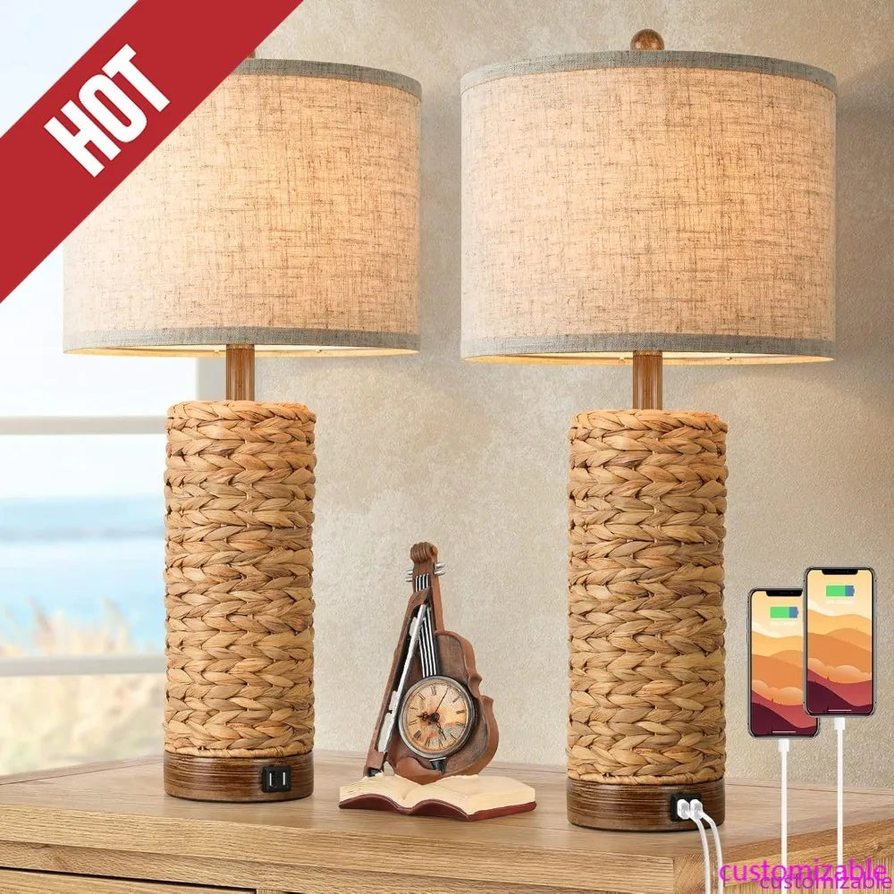 Customizable Two Pack Rattan Table Lamps With USB Ports