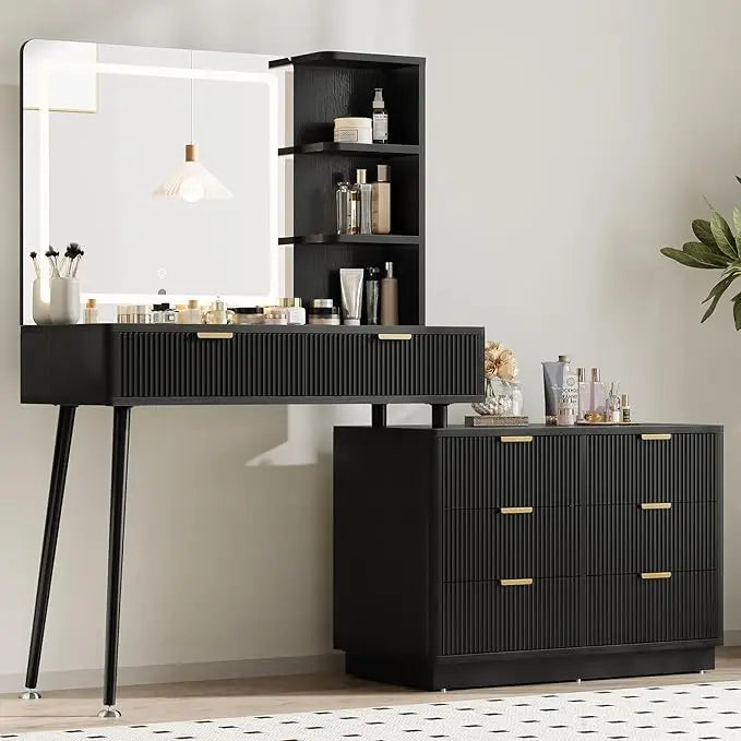 CHENGWEI Modern 65 LED Makeup Vanity Desk With Glass Top