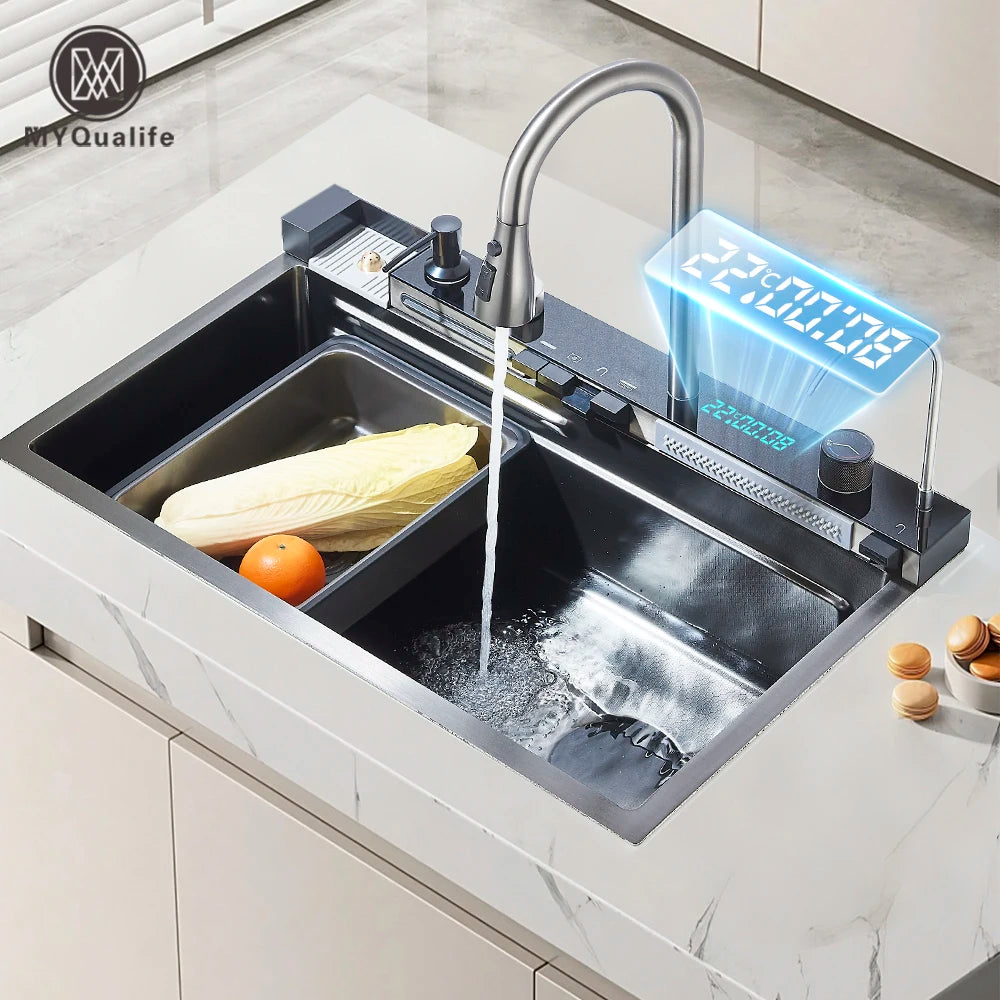 MYQualife 304 Stainless Waterfall Faucet Set With Soap Dispenser