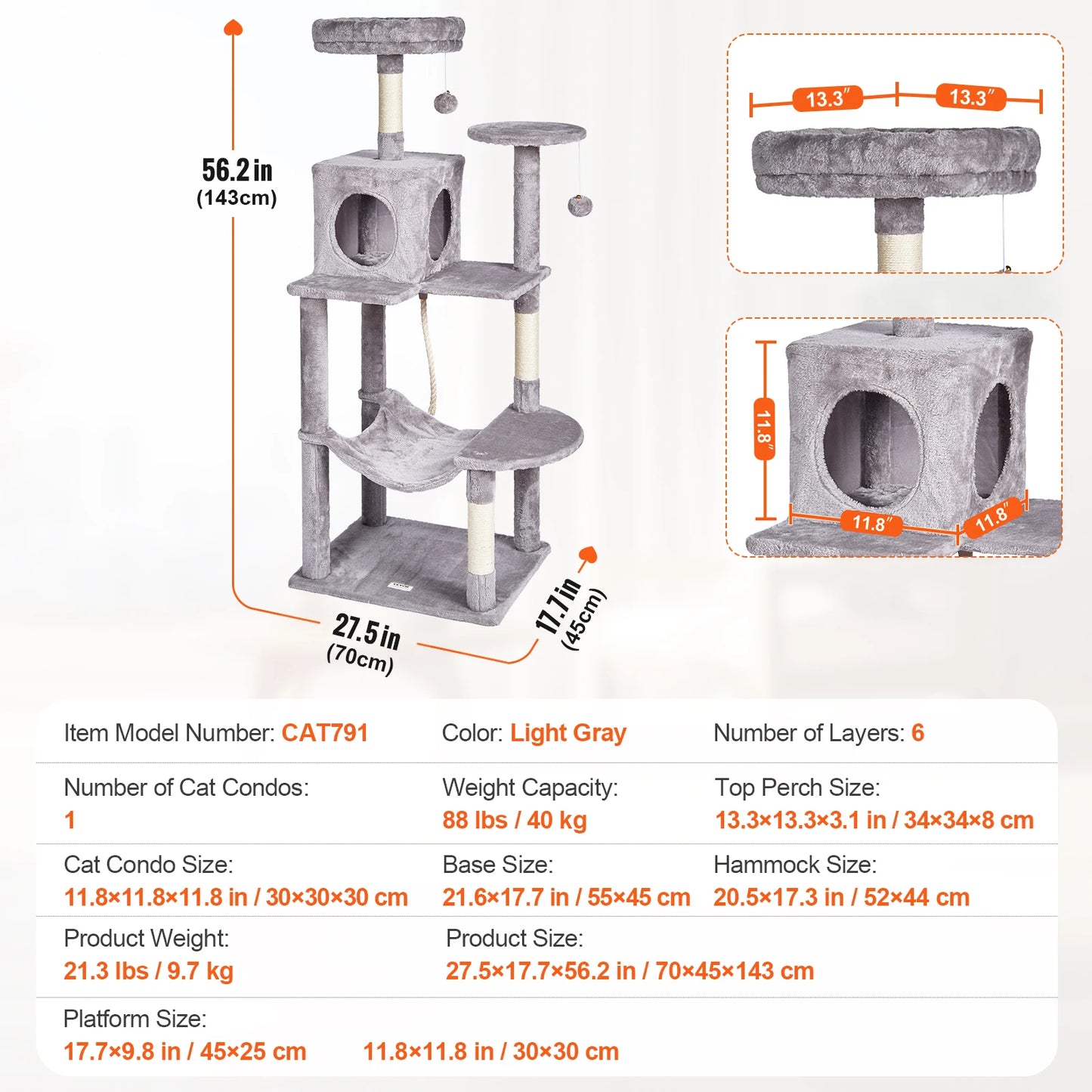 SucceBuy Cat Tree for Indoor Cats Cat Tower with Cat Condo Sisal Scratching Post HammockTop Perch Jumping Platforms Dark Grey