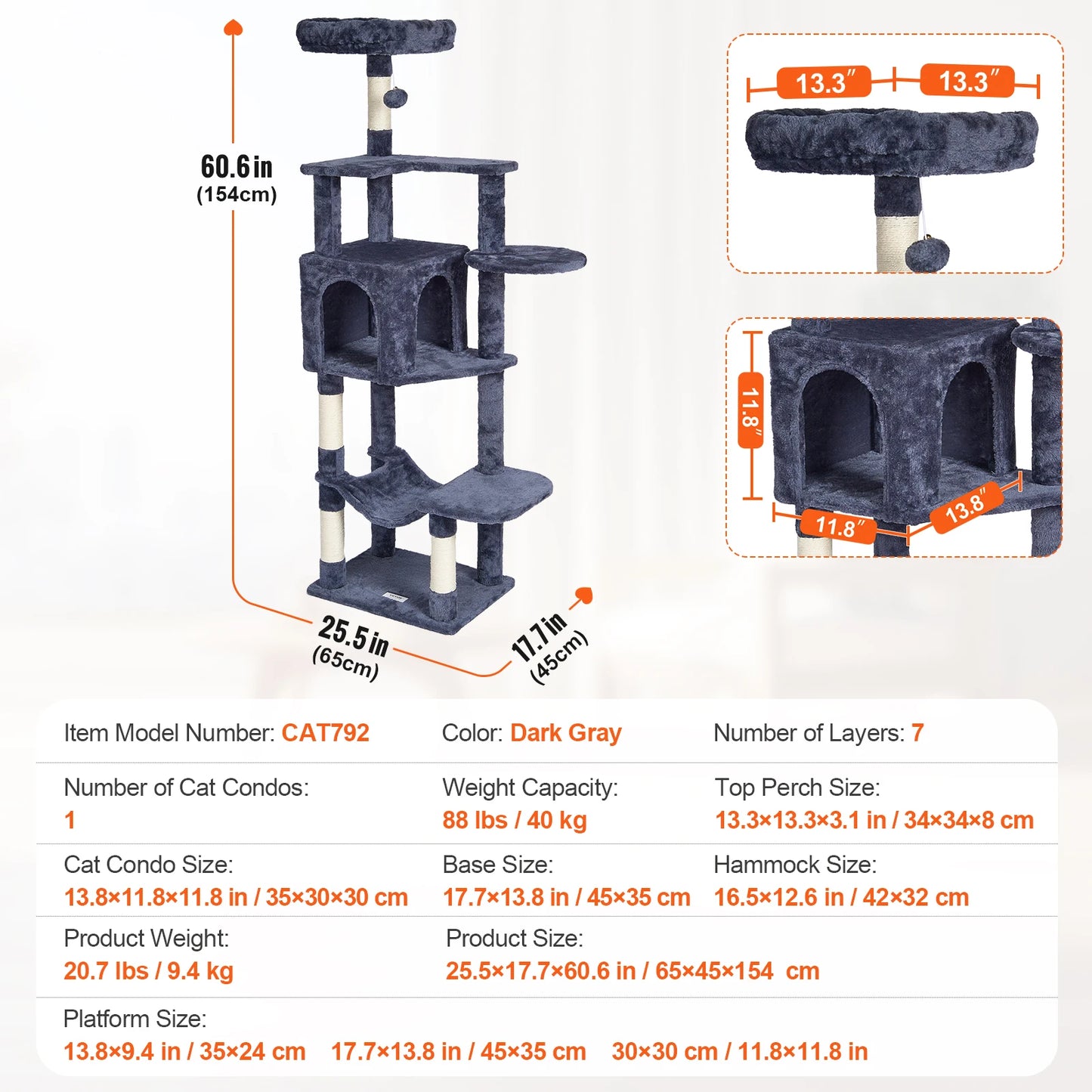 SucceBuy Cat Tree for Indoor Cats Cat Tower with Cat Condo Sisal Scratching Post HammockTop Perch Jumping Platforms Dark Grey