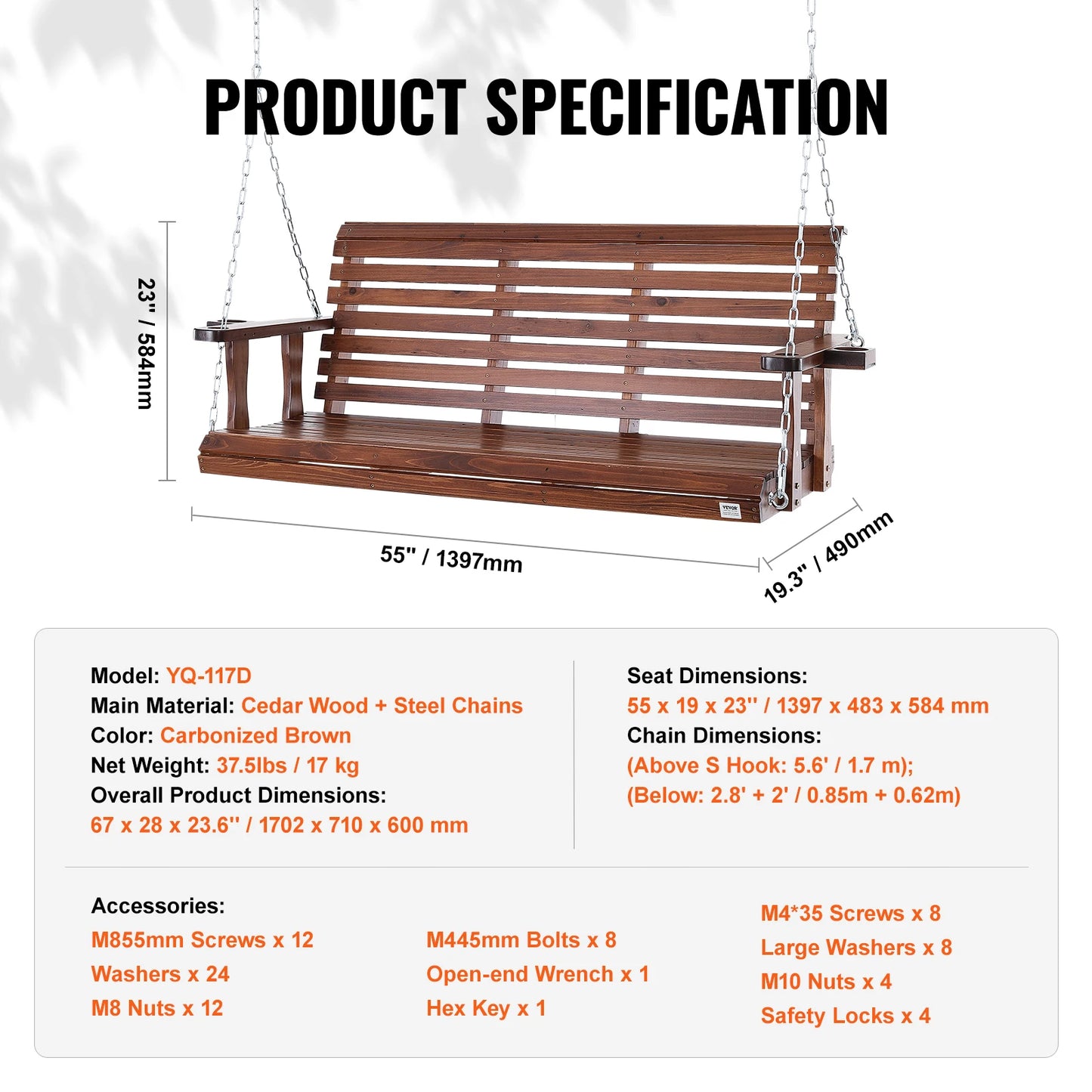 SucceBuy Wooden Porch Swing Outdoor Patio Bench With Load Capacity