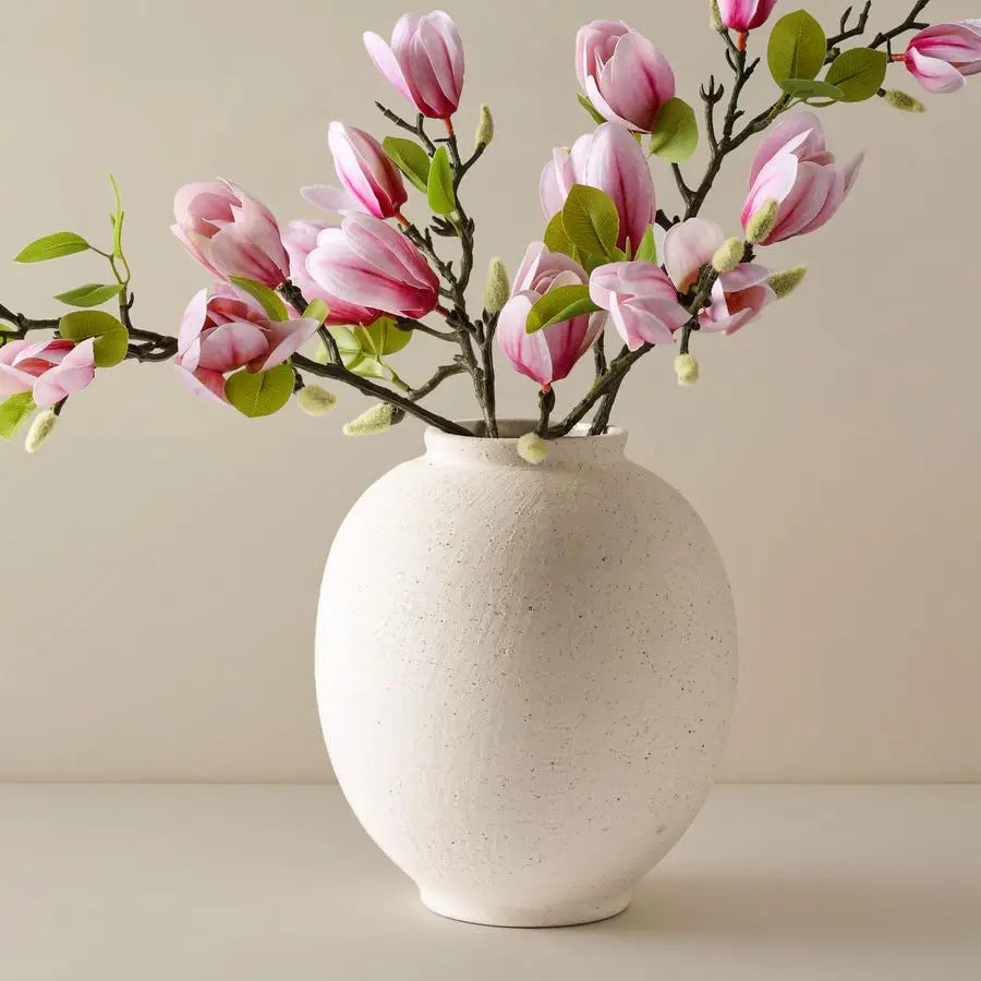 Large White Ceramic Vase, 9.8 inch Rustic Farmhouse Flowers Vase for Home Decor, Sandstone Texture Round Pottery Tall Vase Indoo