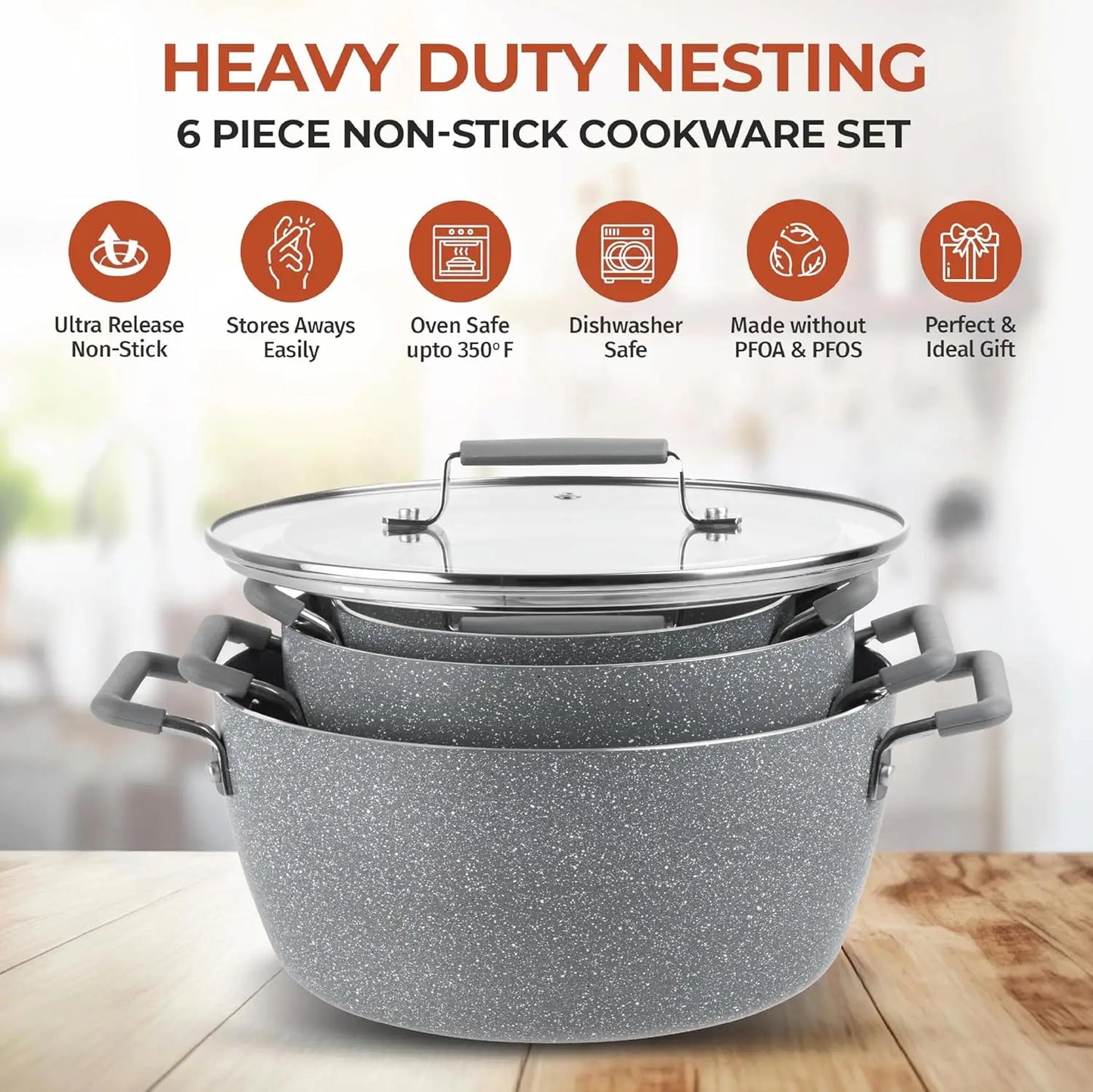 Nonstick Stackable Pots Set With Lids Granite Coated Cookware