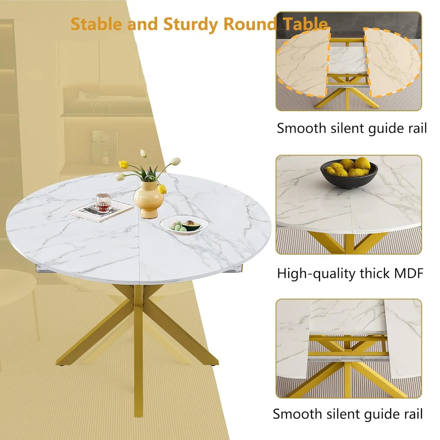42''-59'' Extendable Dining Room Table for 4-6, White Marble Round Dining Table, Modern Kitchen Circle Oval Dinner, Customized