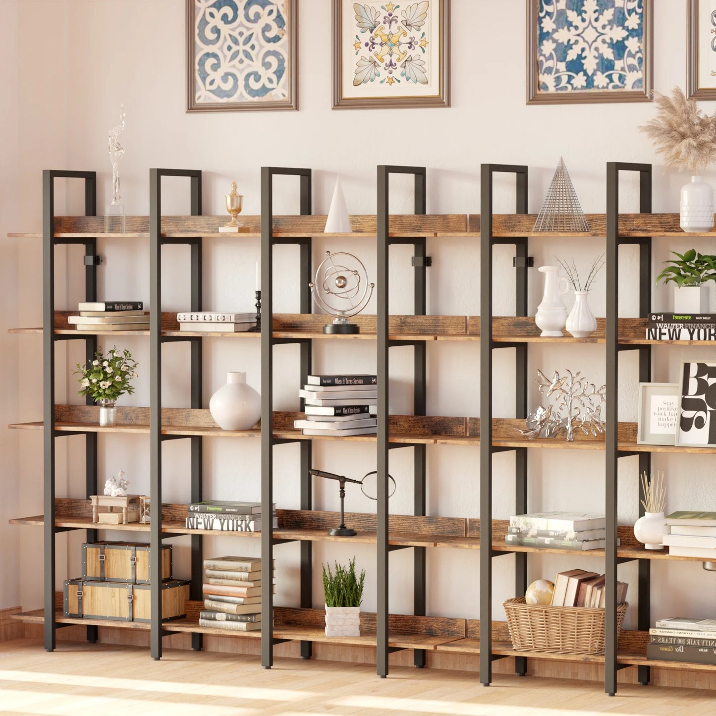 IRONCK Triple Wide Etagere Bookcase with Back Fence