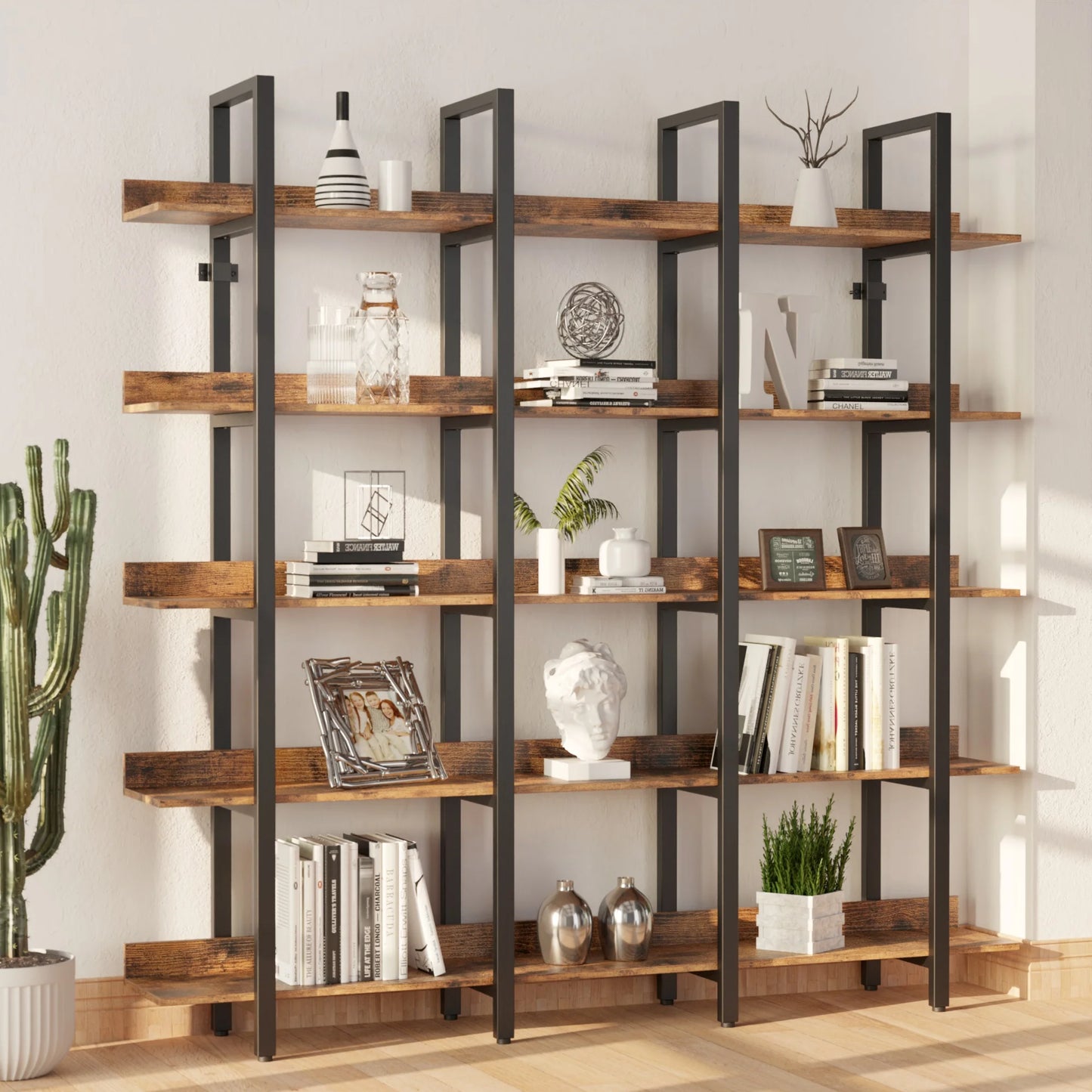 IRONCK Triple Wide Etagere Bookcase with Back Fence
