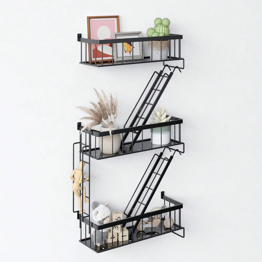 Tier Fire Escape Wall Shelf, New York Decorative Floating Shelf, Wall Art Ladder Shelf, Black Metal Trinket Shelves For