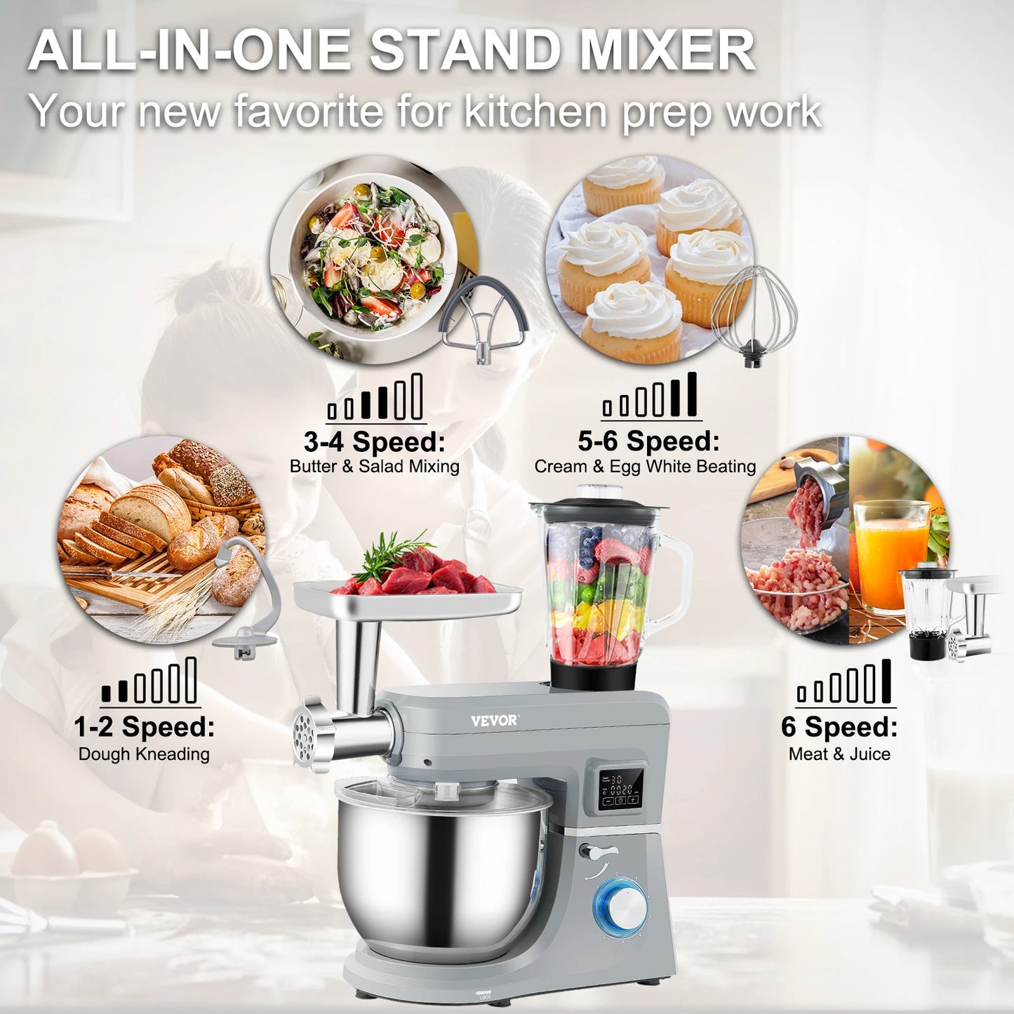 VEVOR 5-In-1 Stand Mixer With LCD Screen Dough Hook