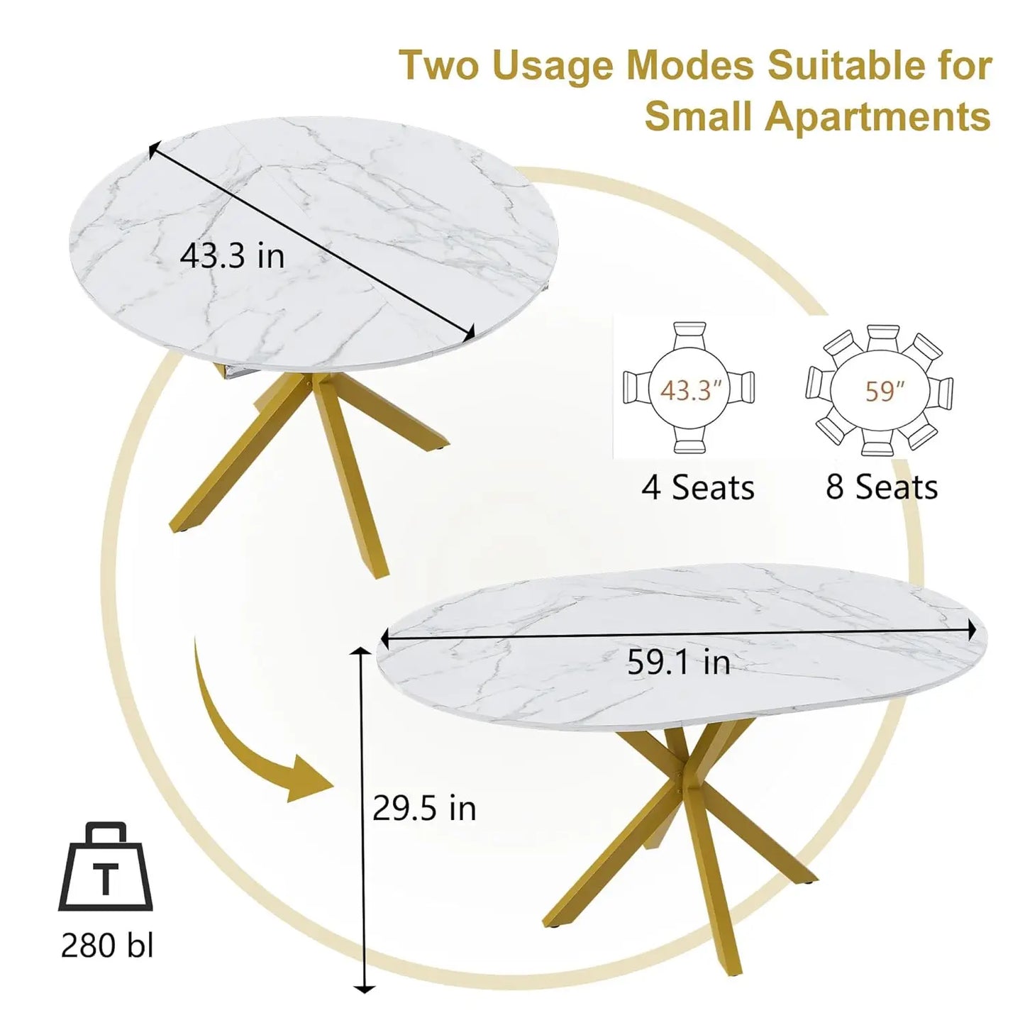 42''-59'' Extendable Dining Room Table for 4-6, White Marble Round Dining Table, Modern Kitchen Circle Oval Dinner, Customized