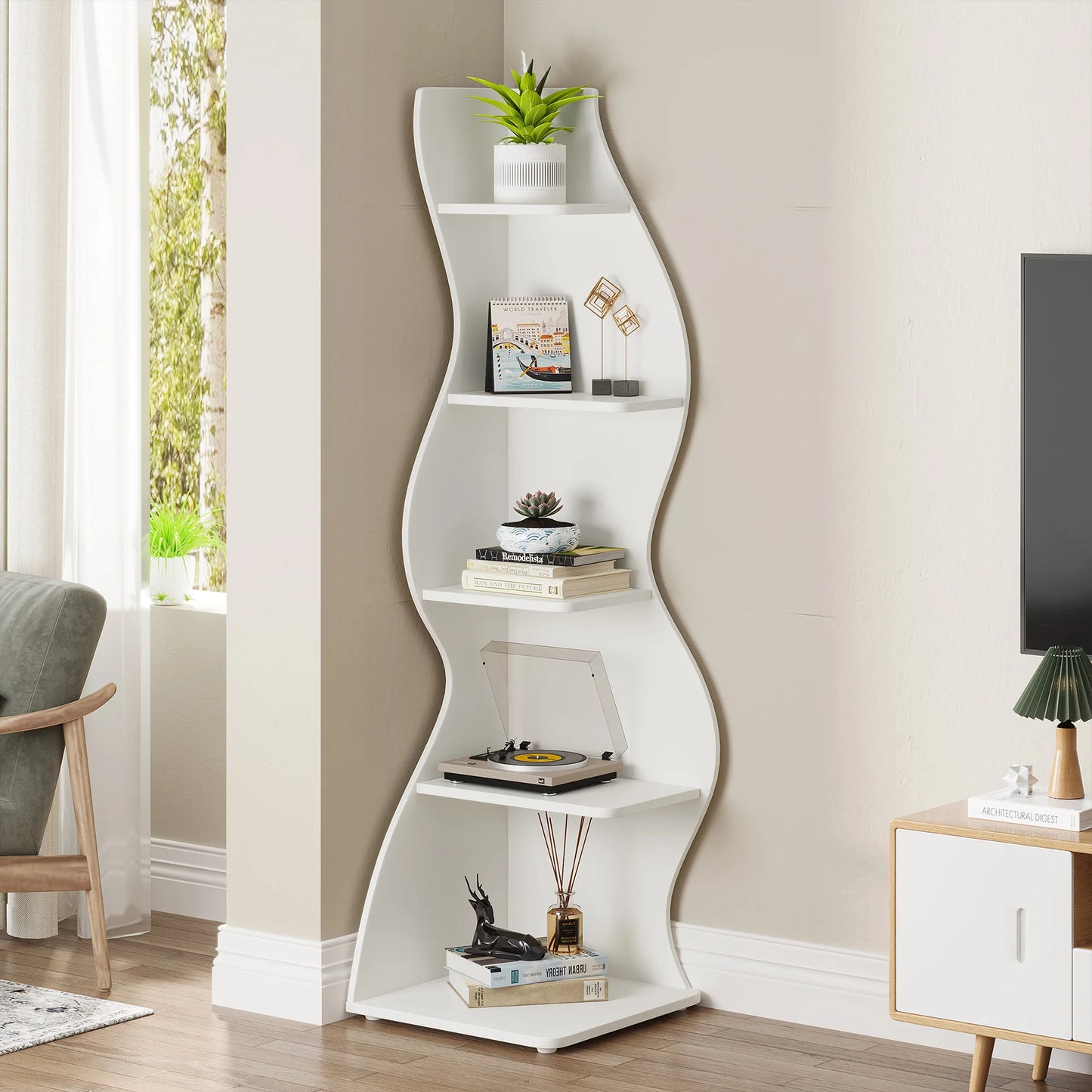 Tribesigns Modern Five Tier Corner Shelf Wall Bookcase