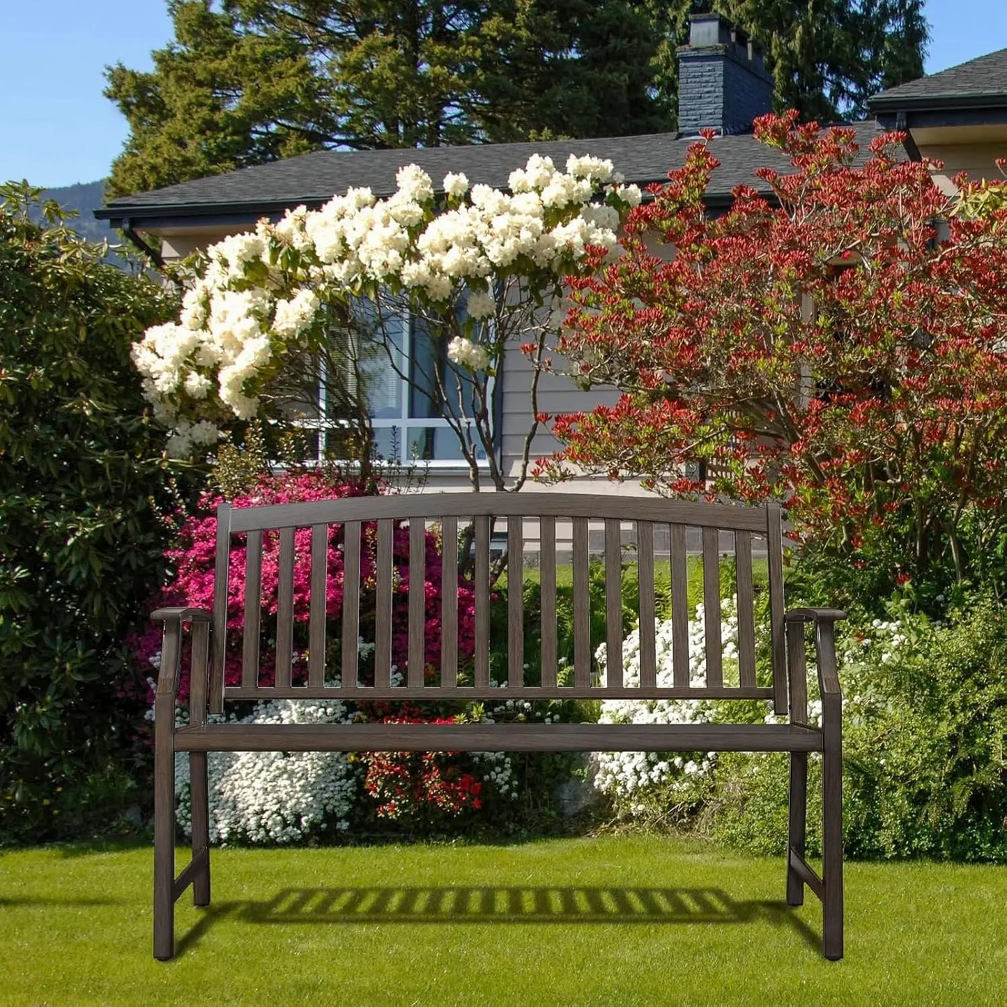 52" Outdoor Bench Rust-Free Metal Frame Aluminum Backrest Faux Wood Finish Patio Garden Porch, Customized