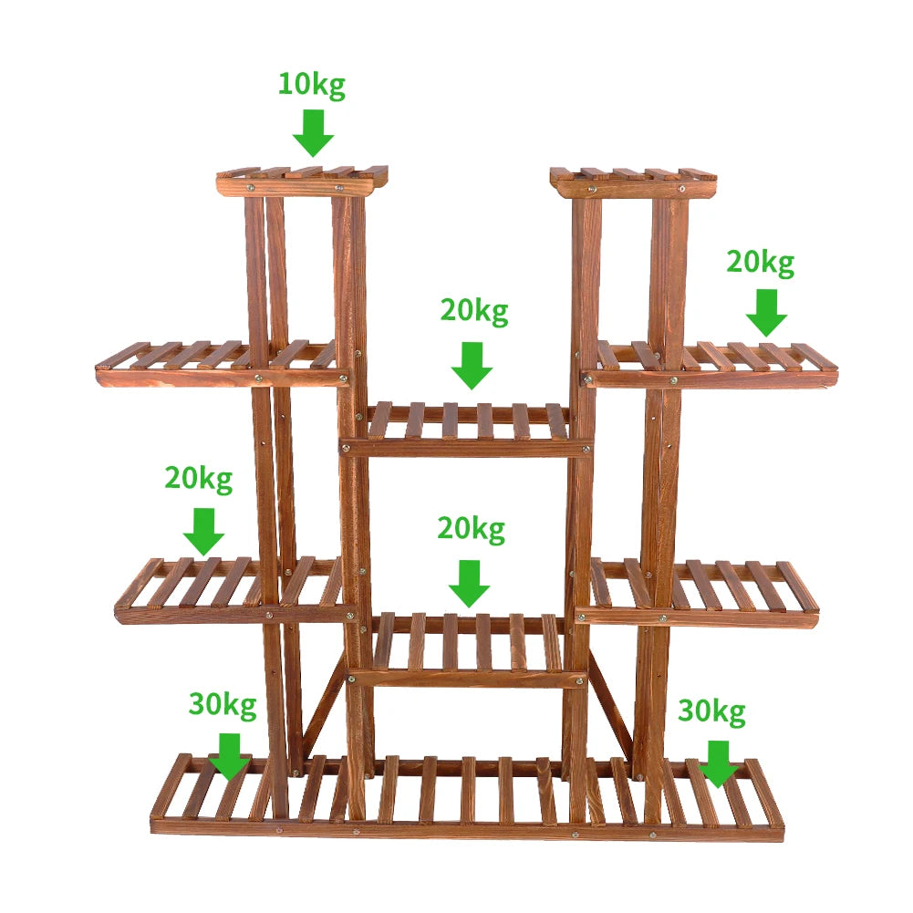 11 Tier Natural Pine Wood Plant Stand With Metal Supports