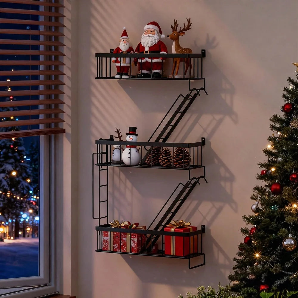 Tier Fire Escape Wall Shelf, New York Decorative Floating Shelf, Wall Art Ladder Shelf, Black Metal Trinket Shelves For