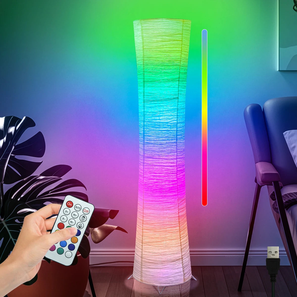 Paper Floor Lamp With RGB LED, Remote Control For Living Room Bedroom Game Room