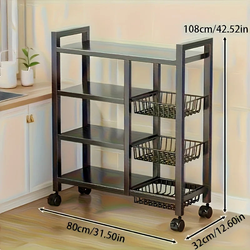 Four-Tier Freestanding Shelf With Three Baskets Carbon Steel For Kitchen