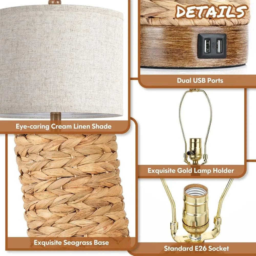 Customizable Two Pack Rattan Table Lamps With USB Ports
