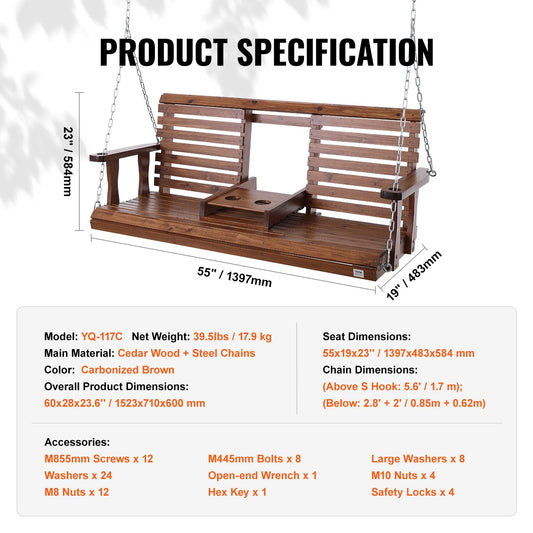 SucceBuy Wooden Porch Swing Outdoor Patio Bench With Load Capacity