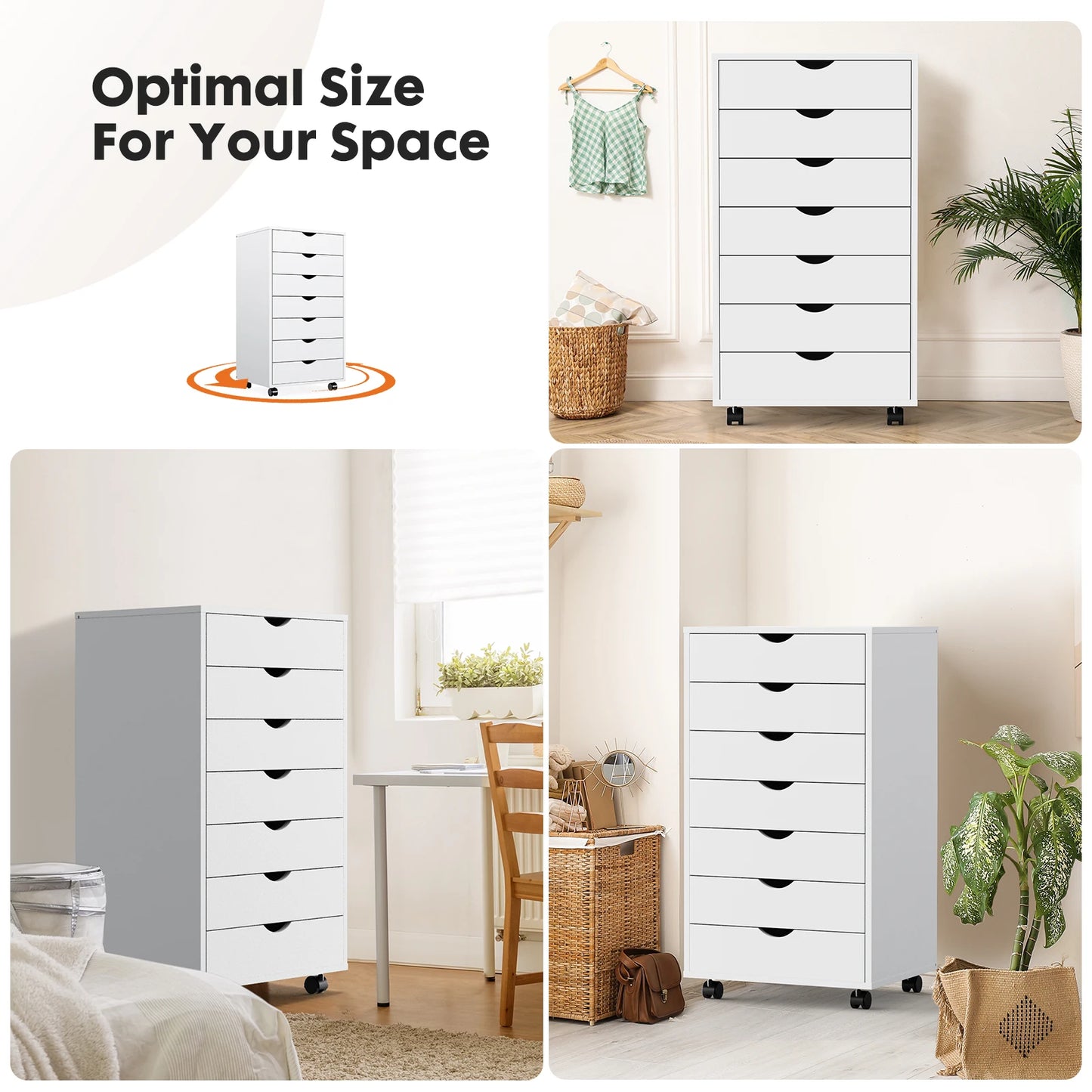 JHK 7-Drawer Chest Nightstand With Rolling Wheels