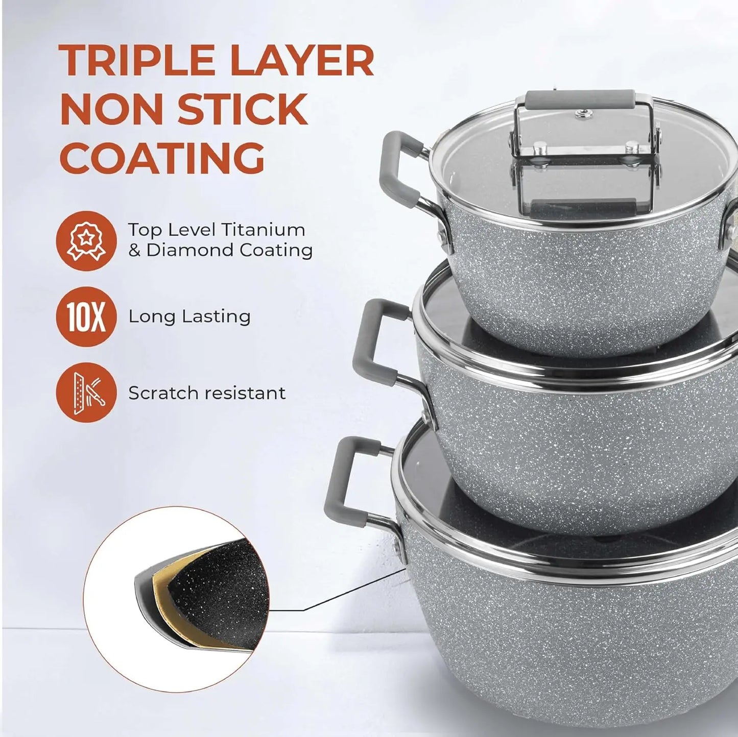 Nonstick Stackable Pots Set With Lids Granite Coated Cookware