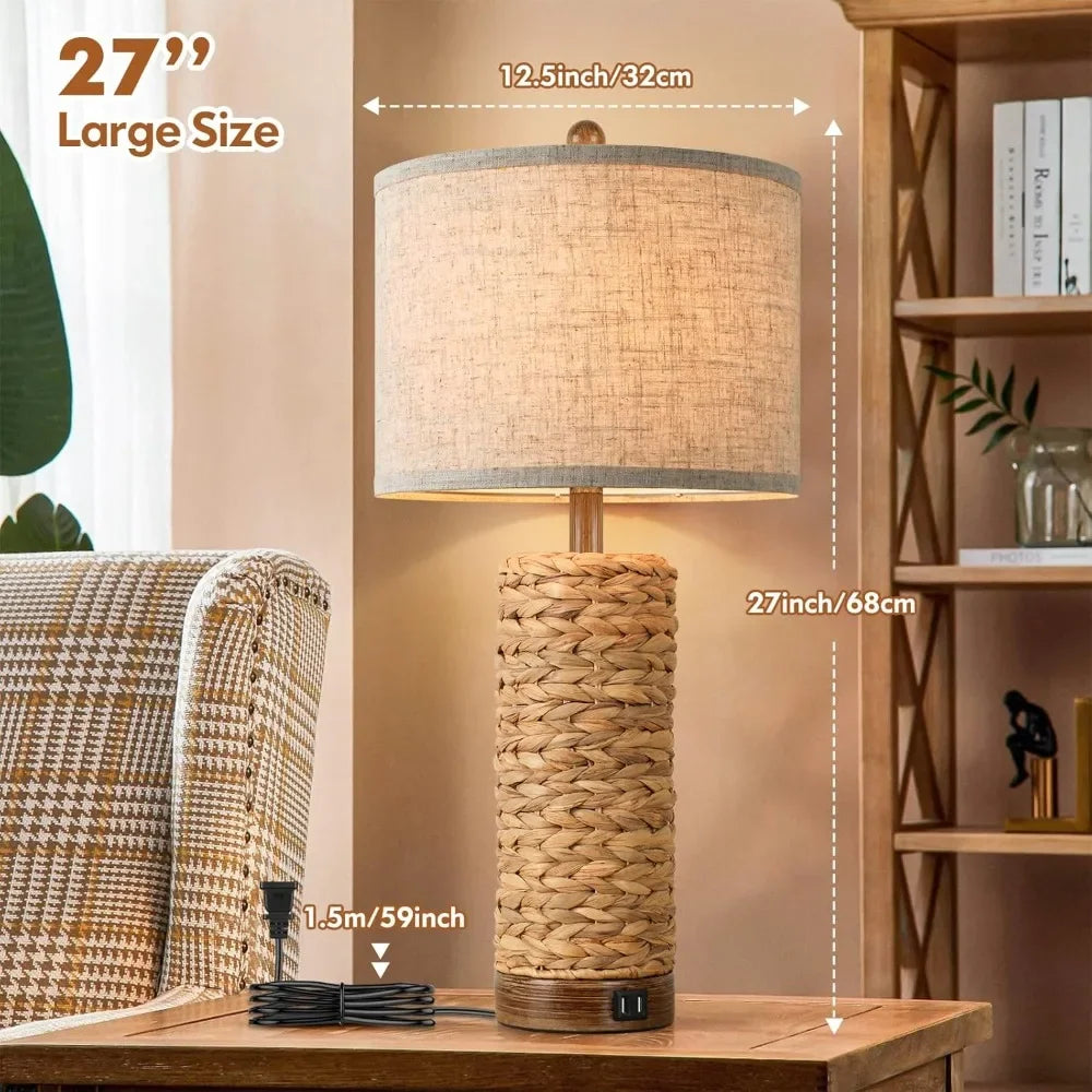 Customizable Two Pack Rattan Table Lamps With USB Ports