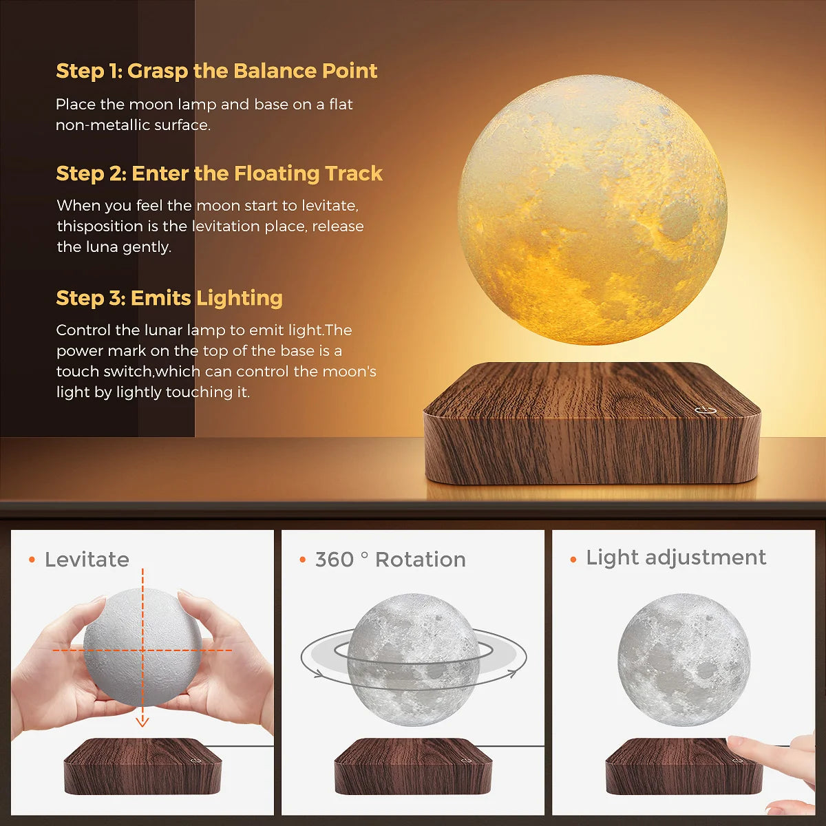 Mexllex Magnetic Floating Moon Lamp With Wooden Base And LED
