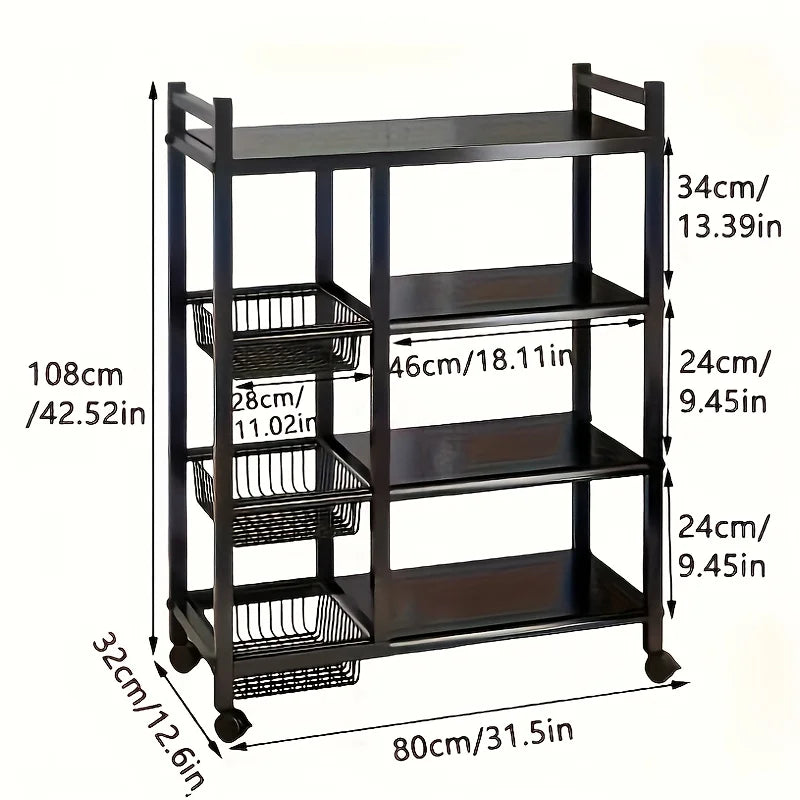 Four-Tier Freestanding Shelf With Three Baskets Carbon Steel For Kitchen