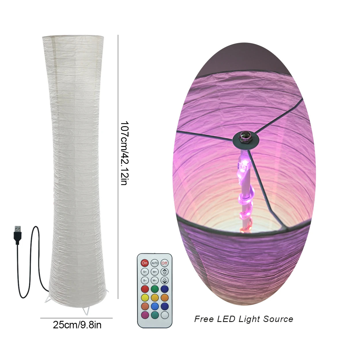 Paper Floor Lamp With RGB LED, Remote Control For Living Room Bedroom Game Room