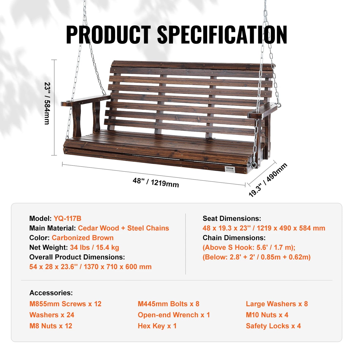 SucceBuy Wooden Porch Swing Outdoor Patio Bench With Load Capacity