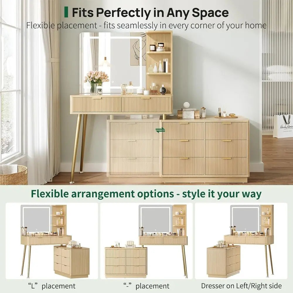 CHENGWEI Modern 65 LED Makeup Vanity Desk With Glass Top