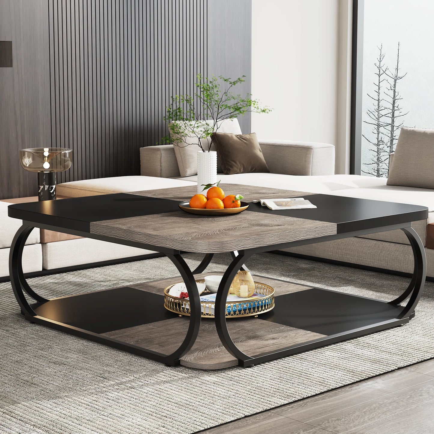 Tribesigns Square Coffee Table with 2 Tiers, 40 inches Low Farmhouse Coffee Table with Wood Storage Shelf Heavy Duty Metal Curve