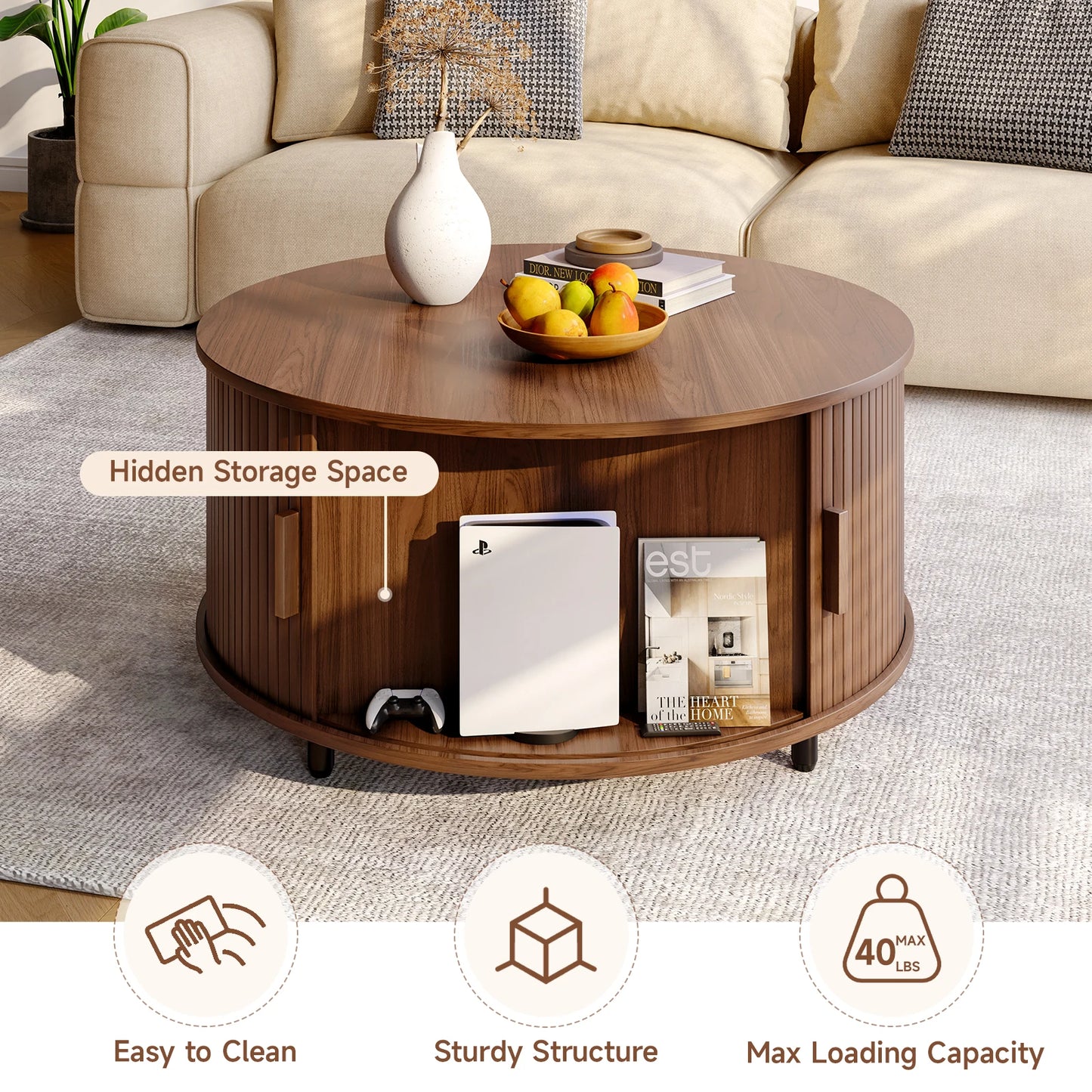 Round Coffee Table With Storage Modern Wood Metal Curved Door