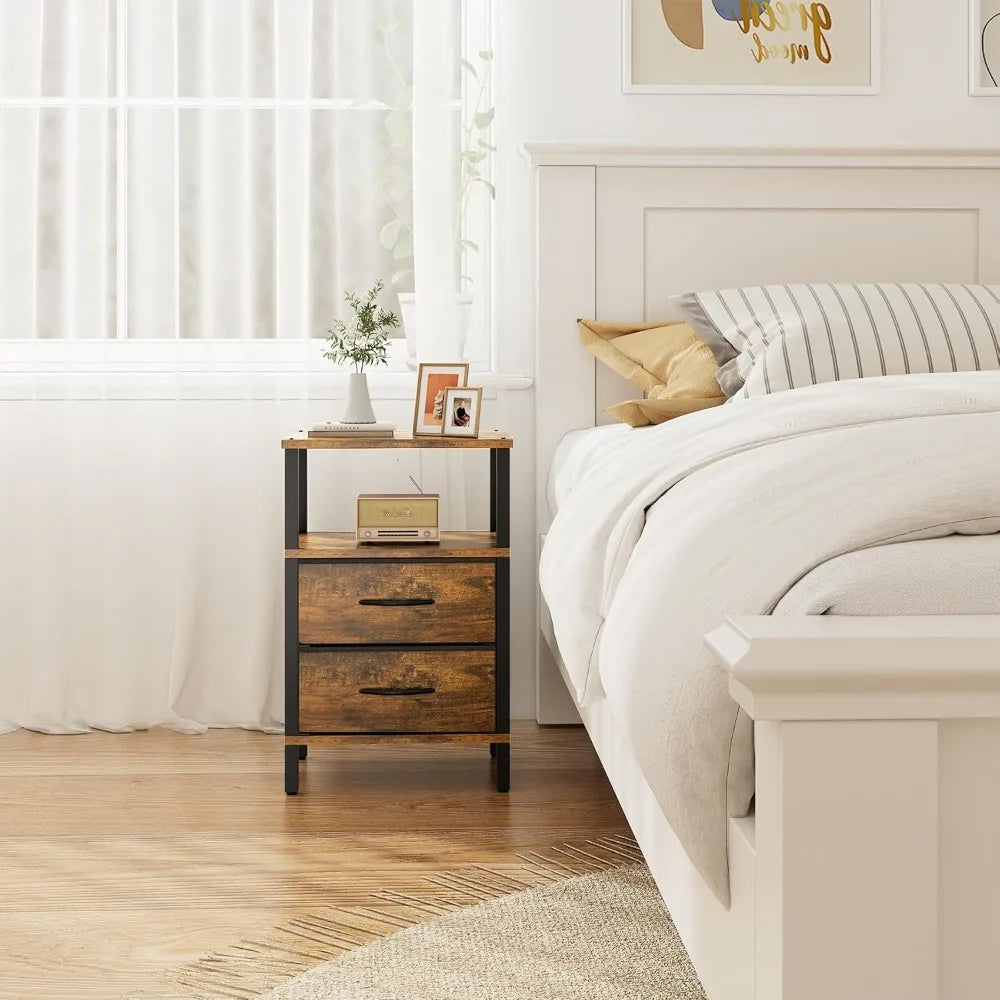 Set Of Two Modern Nightstands With Fabric Drawers And Shelves