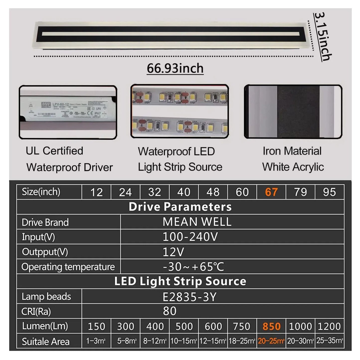 Outdoor LED Wall Light Strip Modern Sconce IP67 Weatherproof Fixture