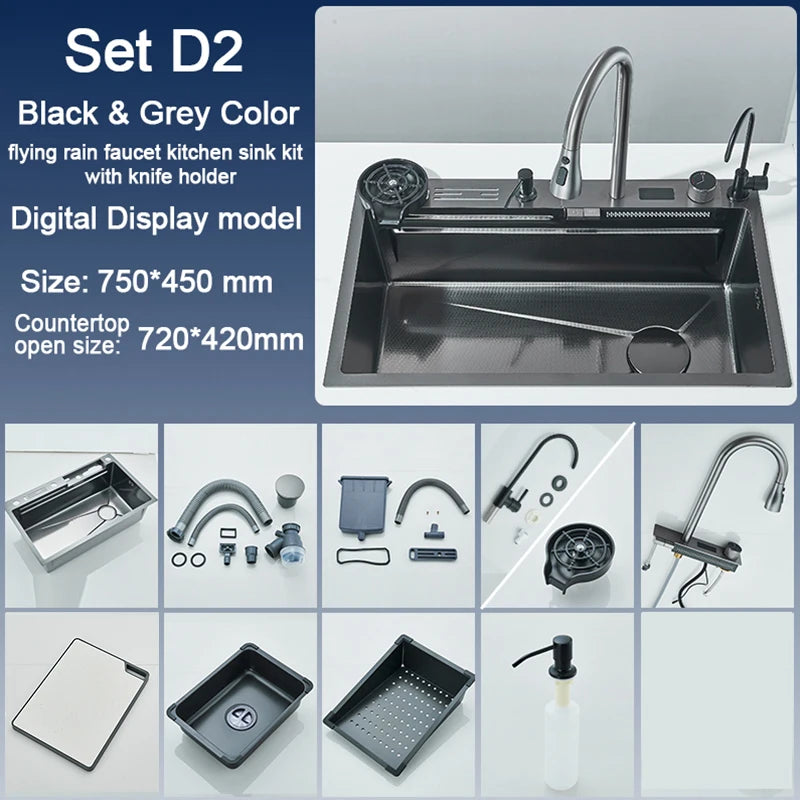Rozin 304 Stainless Steel Kitchen Sink With Digital Waterfall Faucet