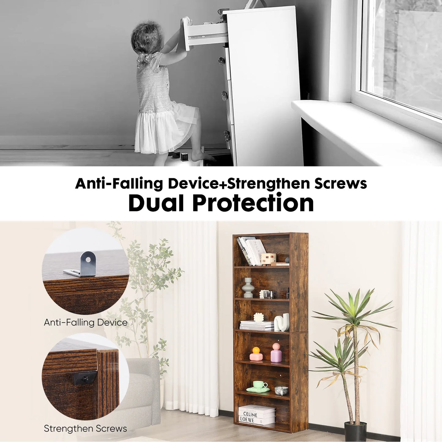 JHK 6 Tier Wooden Shelf Bookcase Floor Standing Open Bookshelf