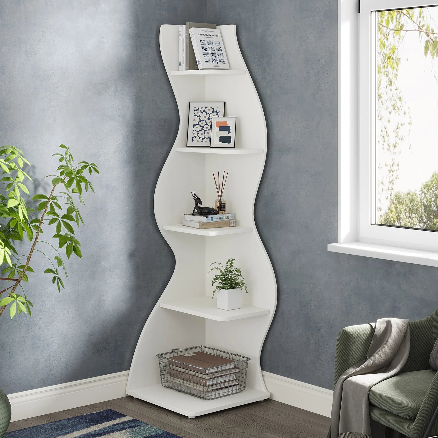 Tribesigns Modern Five Tier Corner Shelf Wall Bookcase